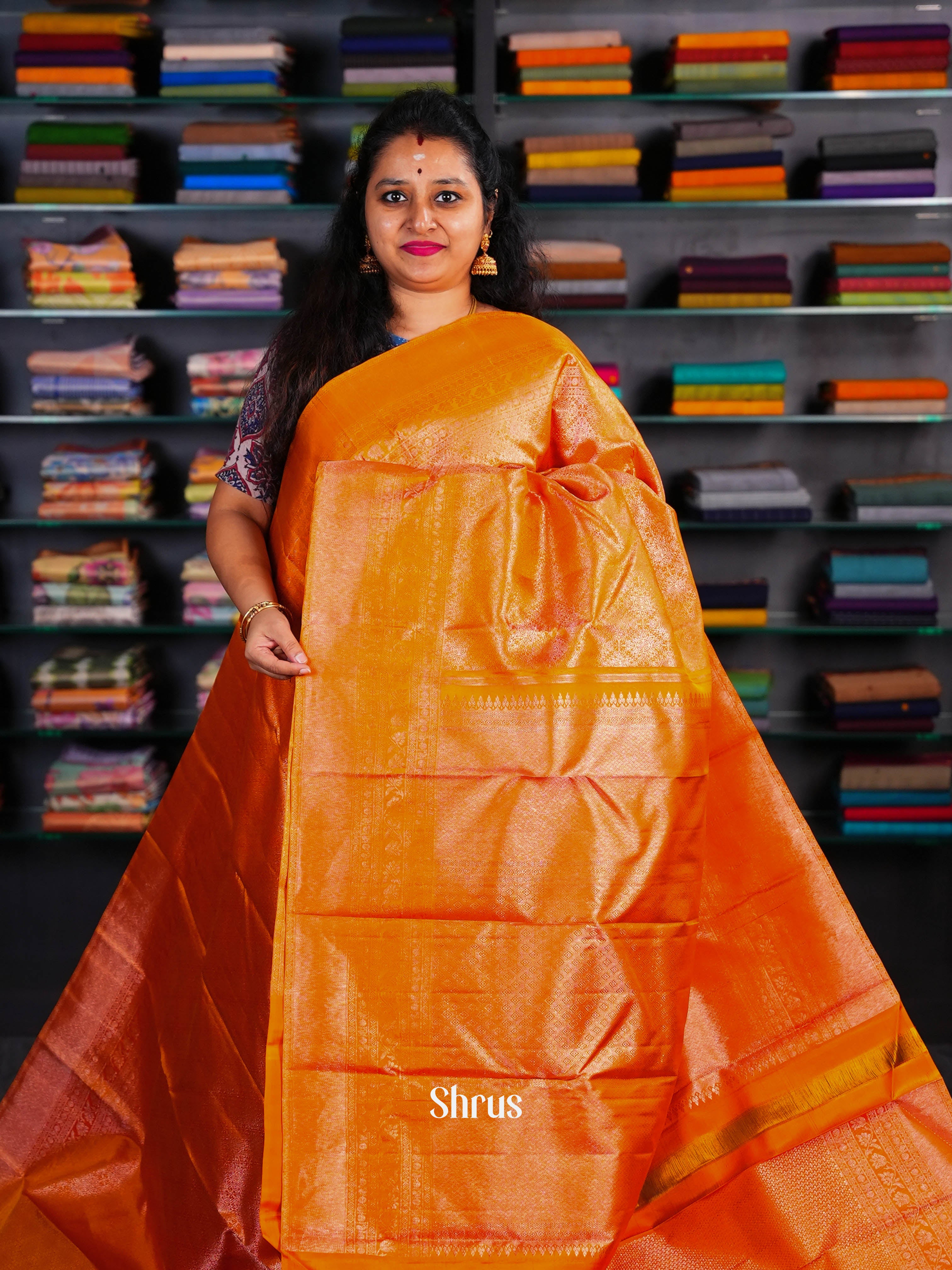 Magnificent Orange Bridal Kanchipuram silk Saree With Zari Woven Brocade Design-1