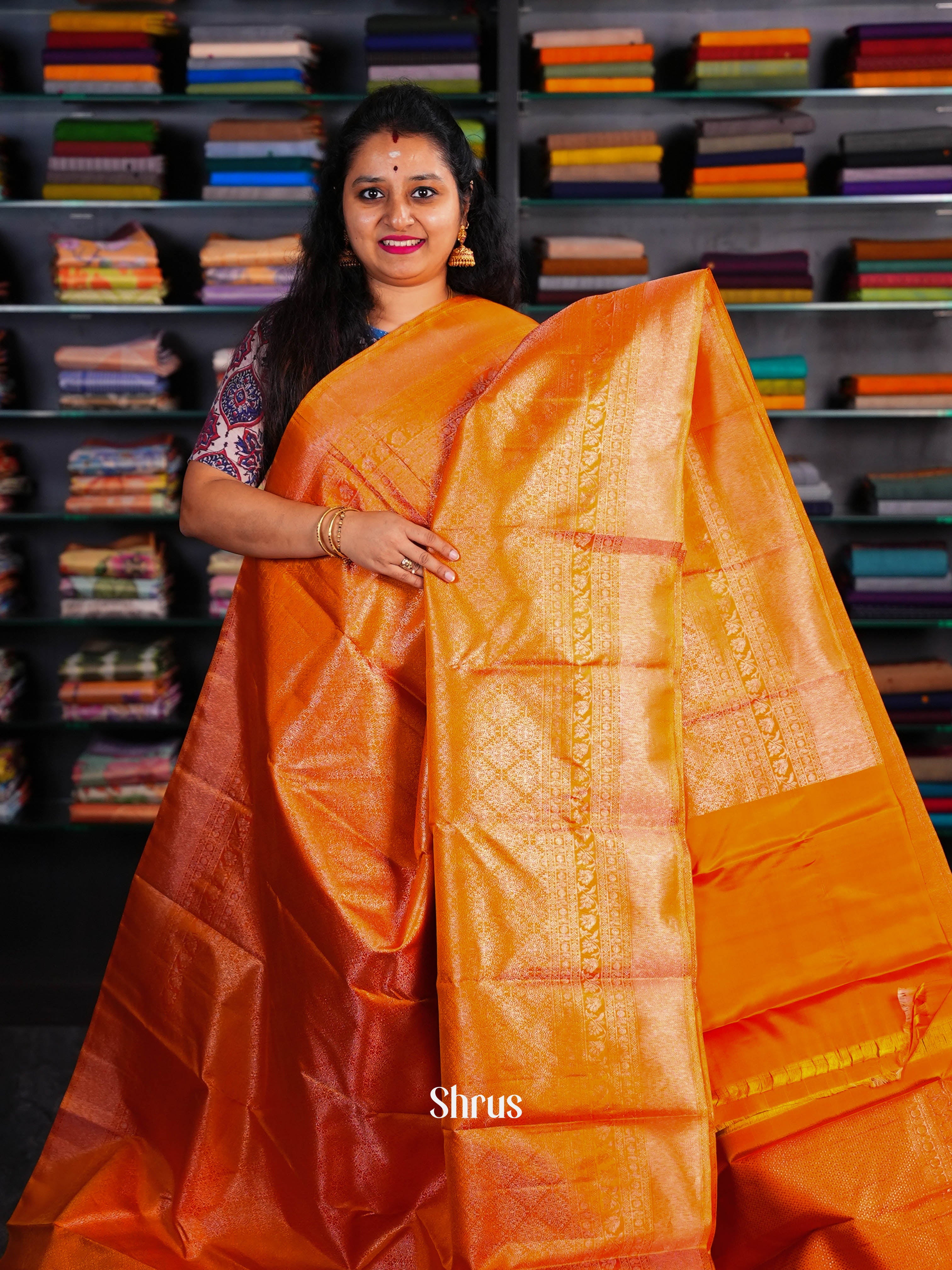Magnificent Orange Bridal Kanchipuram silk Saree With Zari Woven Brocade Design-2