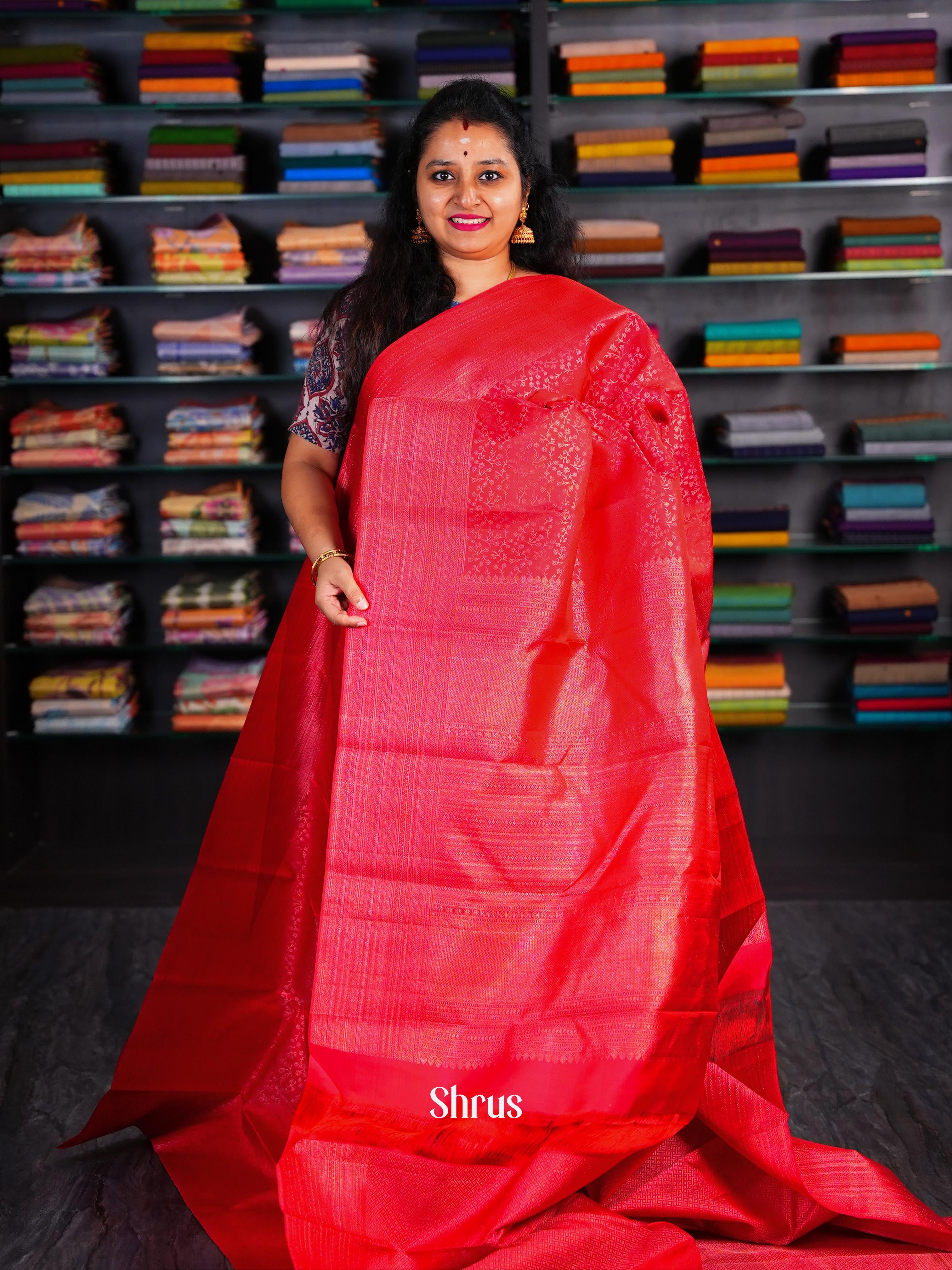 Red Bridal Kanchipuram silk Saree Adorned With Beautiful Zari Woven Floral Brocade Pattern-1