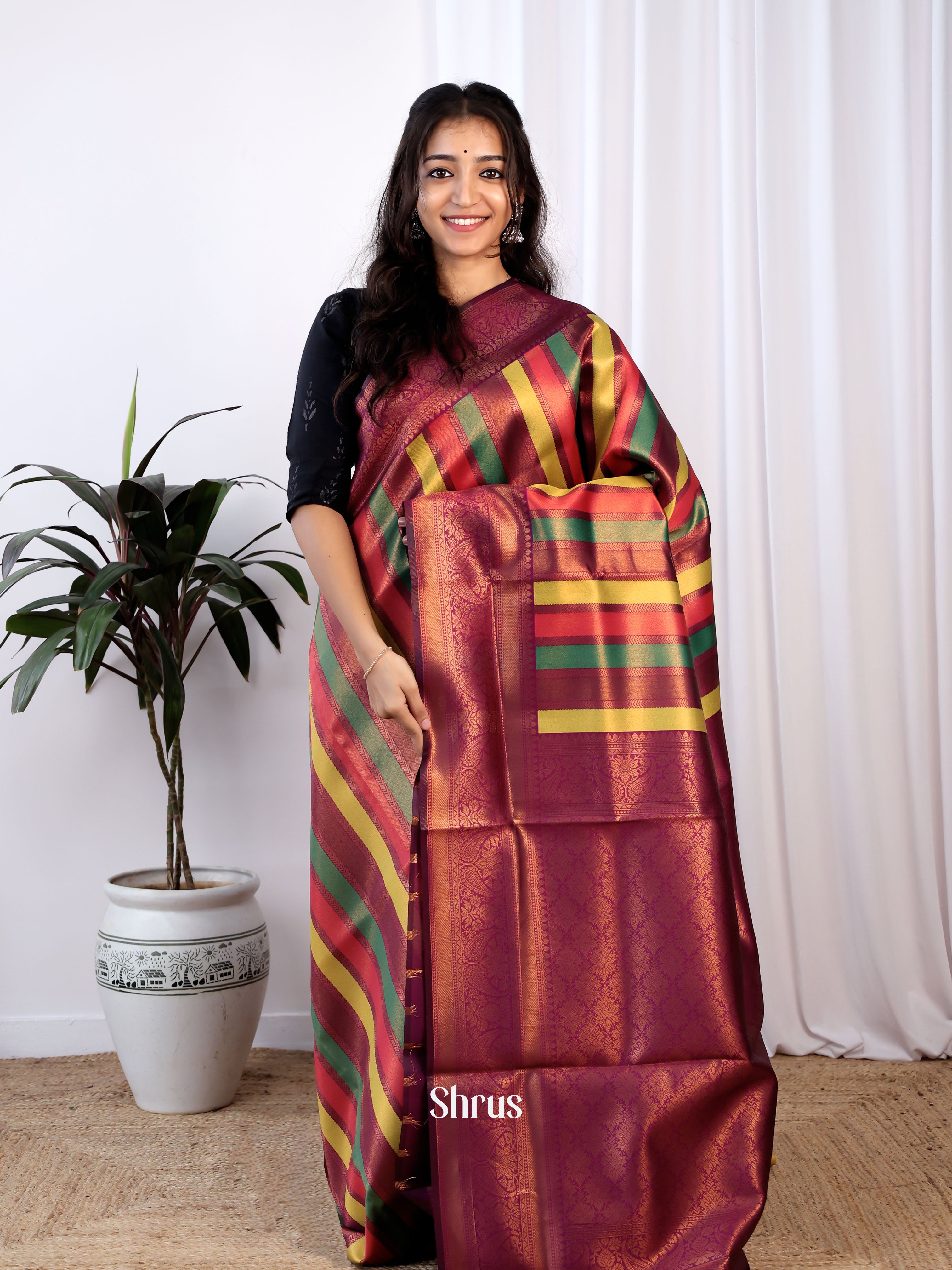 Maroon - Semi Kanchipuram Saree - Shop on ShrusEternity.com