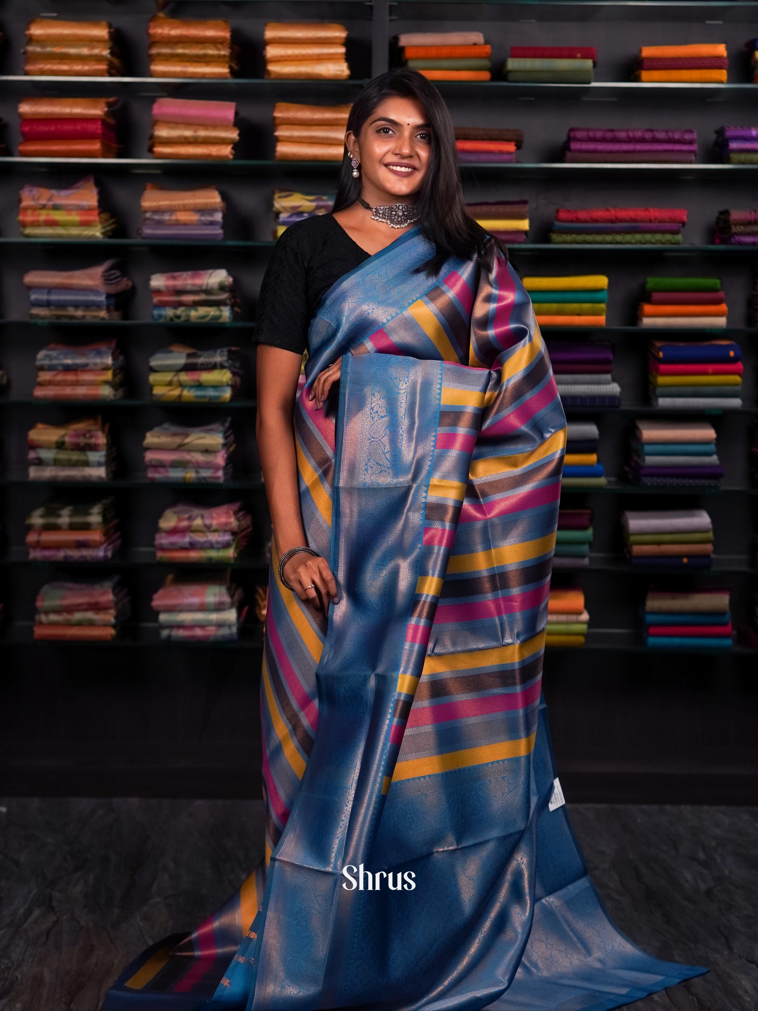 Blue & Tri colour - Semi Kanchipuram Saree - Shop on ShrusEternity.com