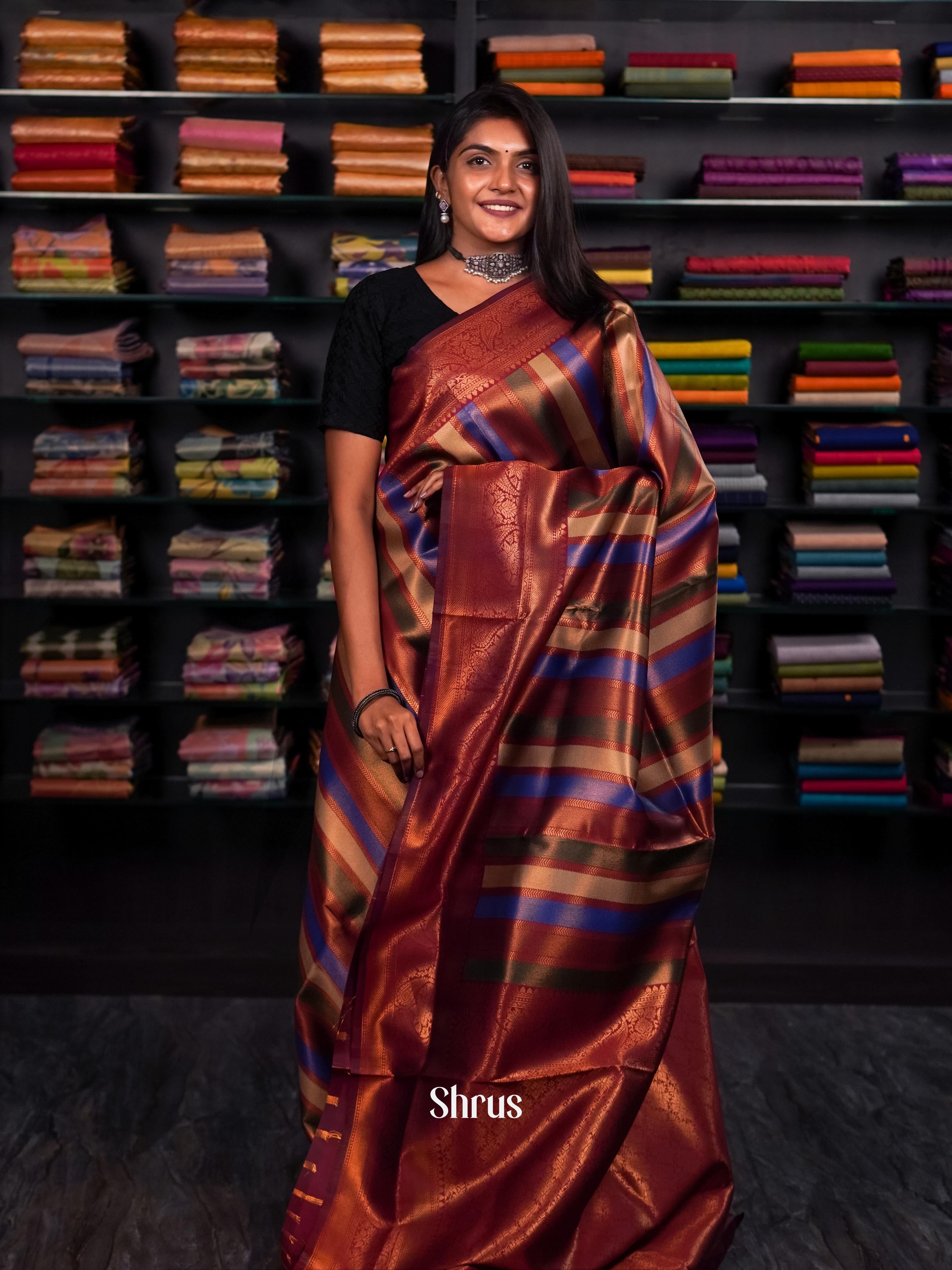 Maroon & Tri colour - Semi Kanchipuram Saree - Shop on ShrusEternity.com