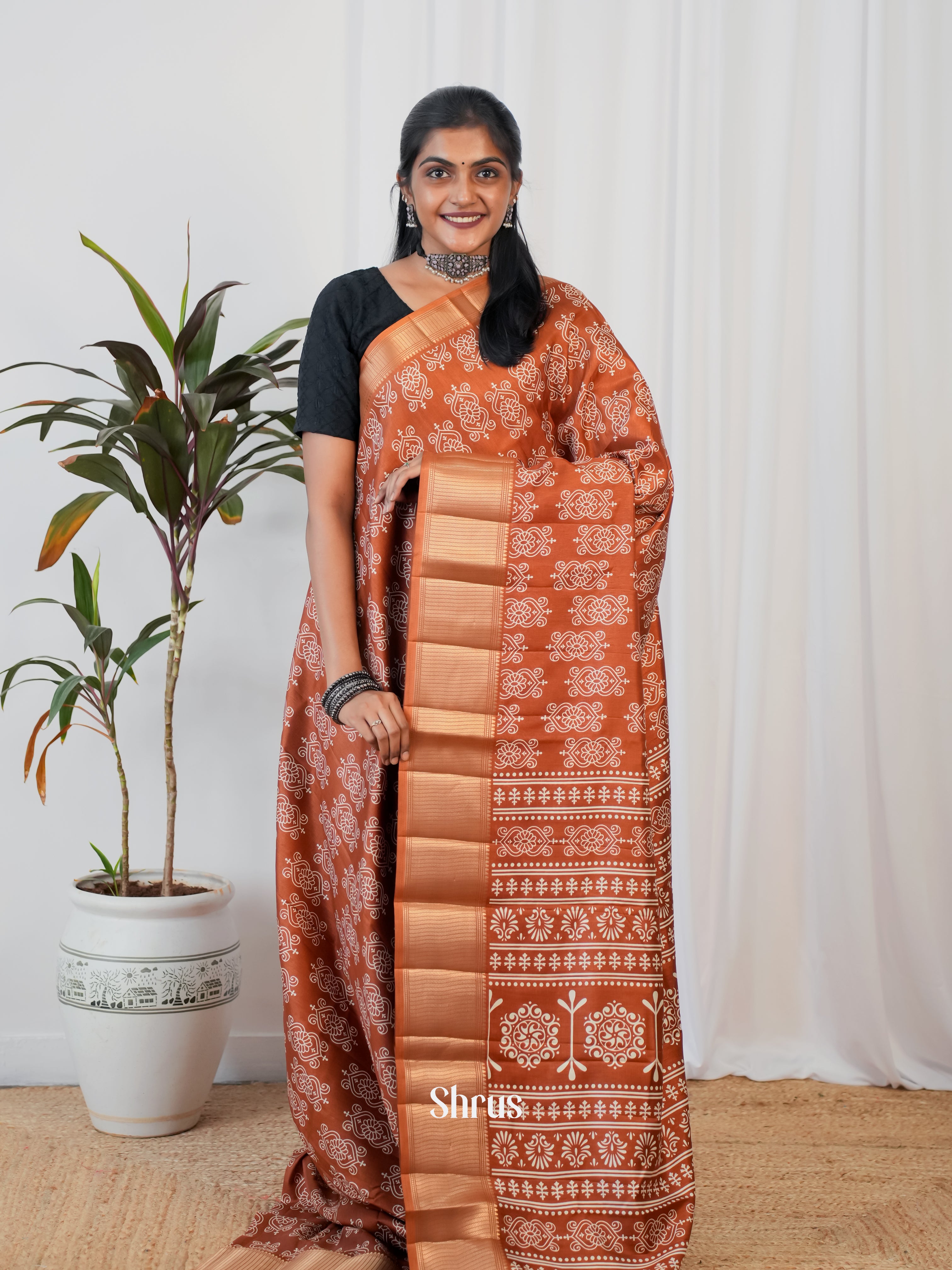 Brick - Semi Crepe Saree - Shop on ShrusEternity.com