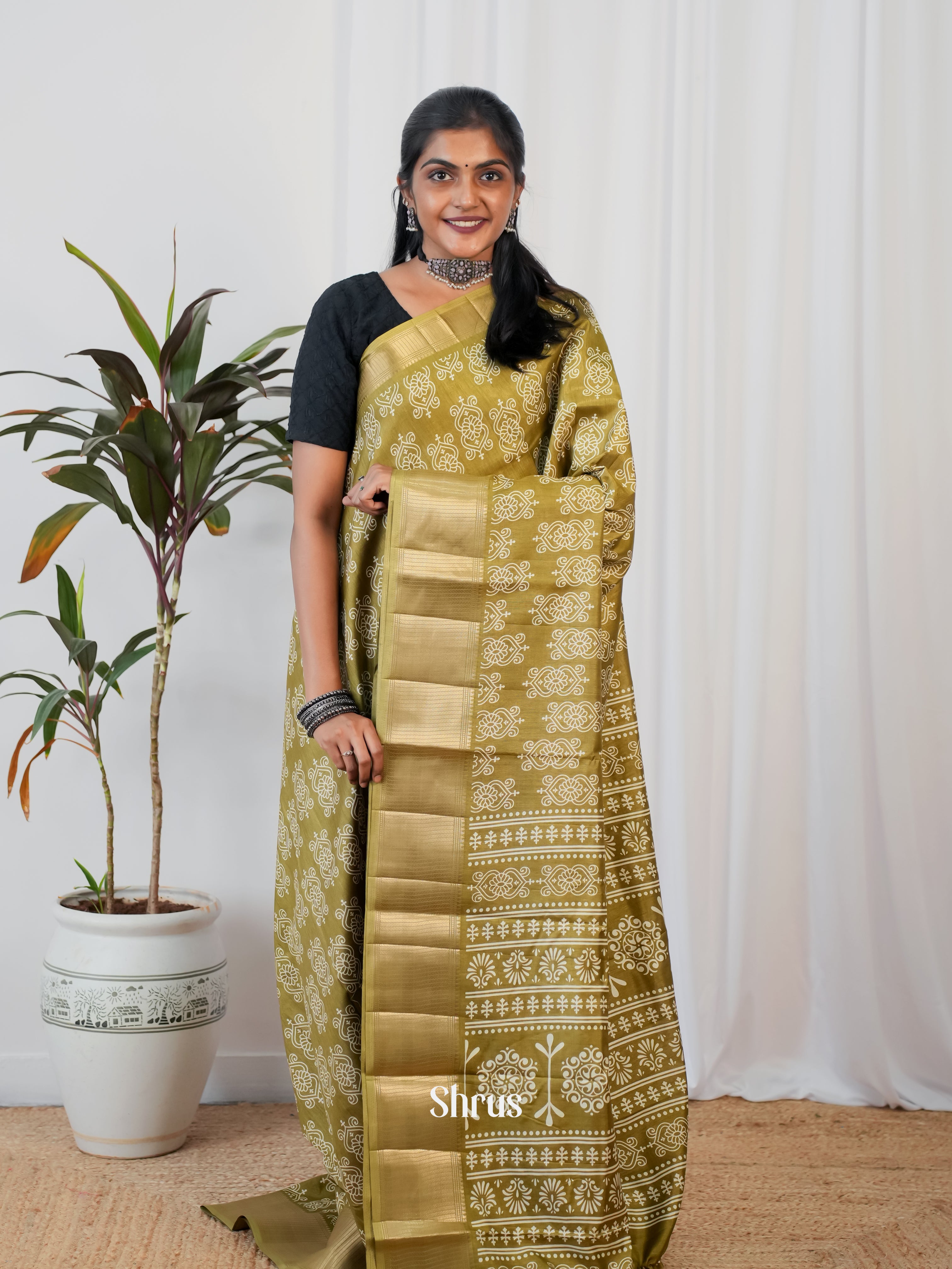 Elachi Green- Semi Crepe Saree - Shop on ShrusEternity.com