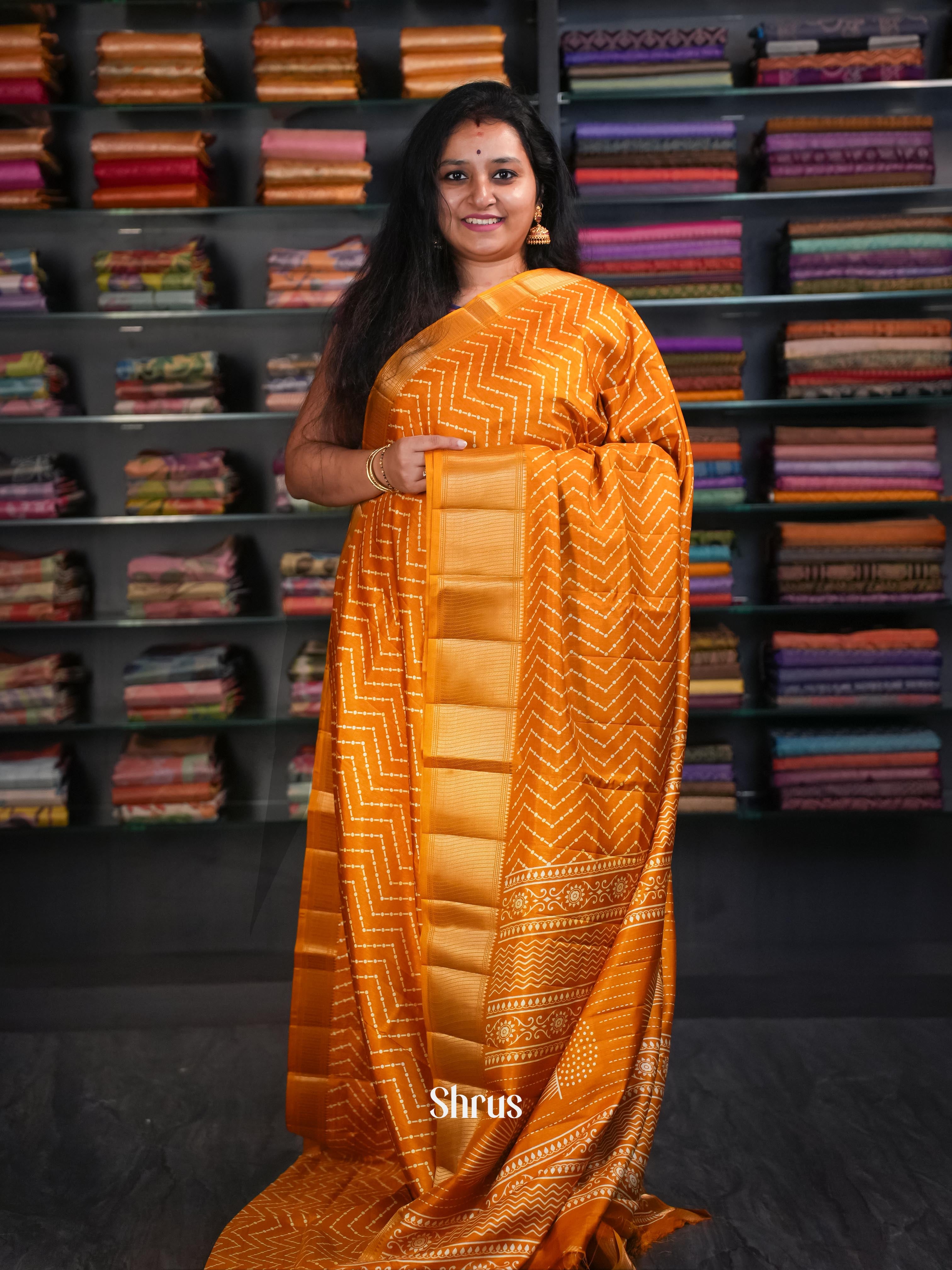 Golden Orange - Semi Crepe Saree - Shop on ShrusEternity.com