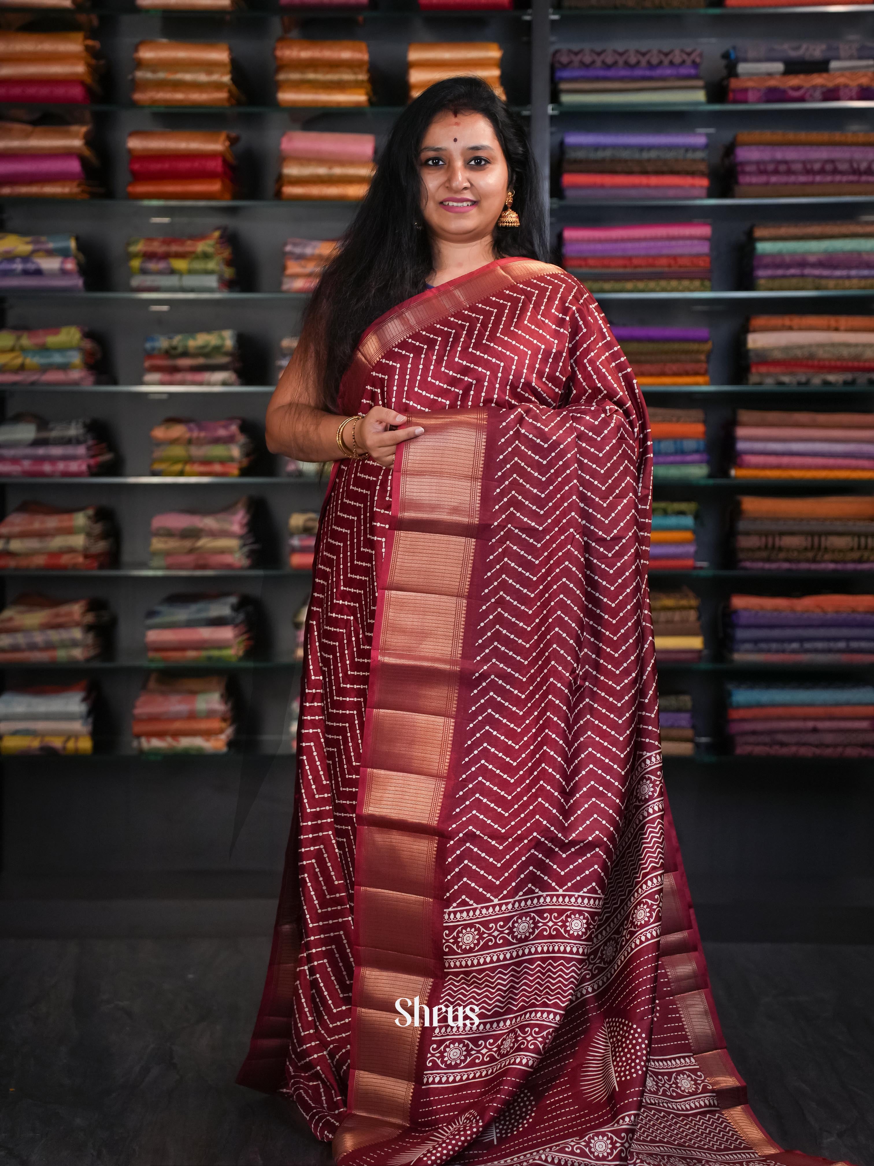 Deep Maroon - Semi Crepe Saree - Shop on ShrusEternity.com