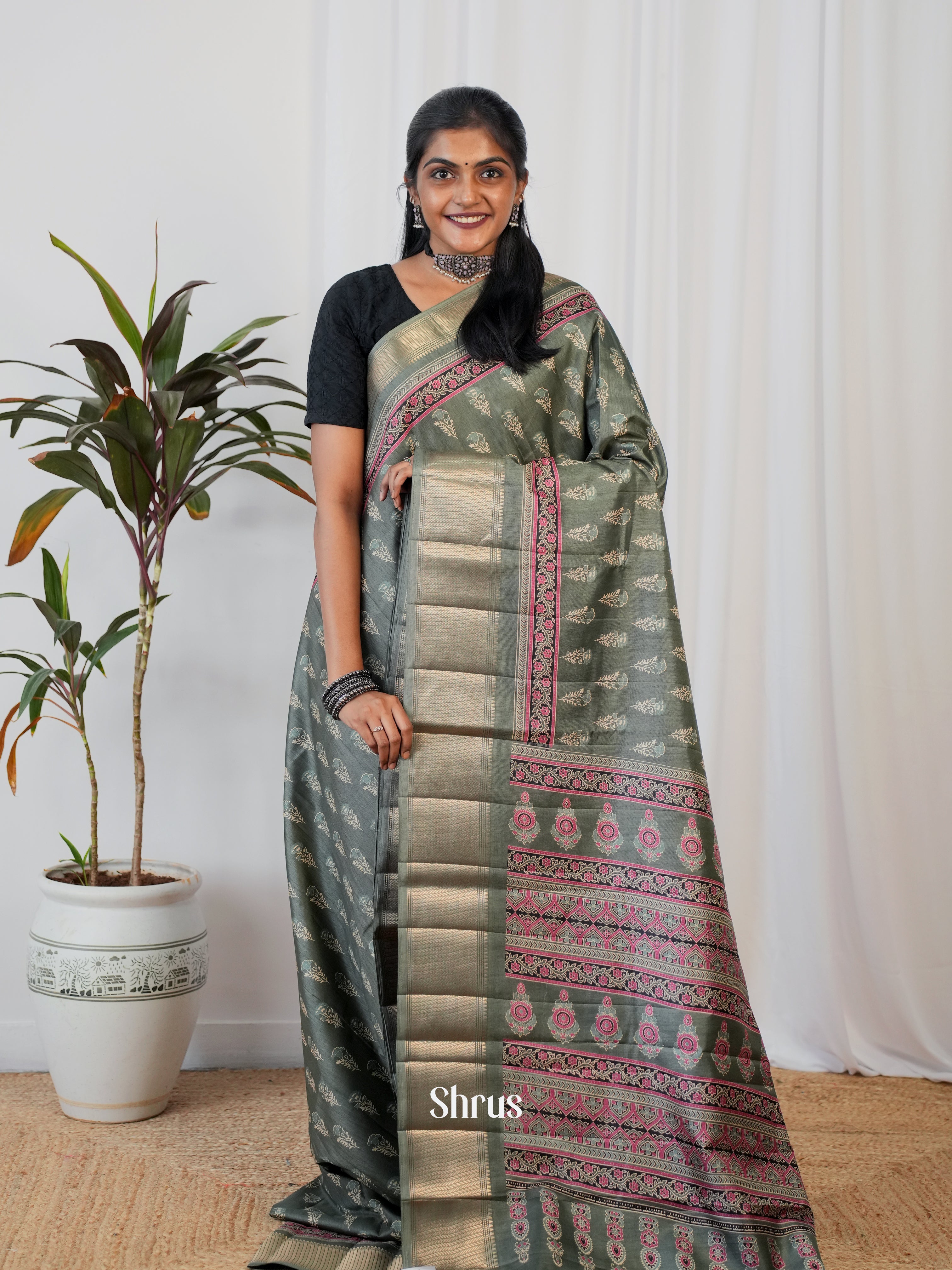 Grey Green- Semi Crepe Saree - Shop on ShrusEternity.com