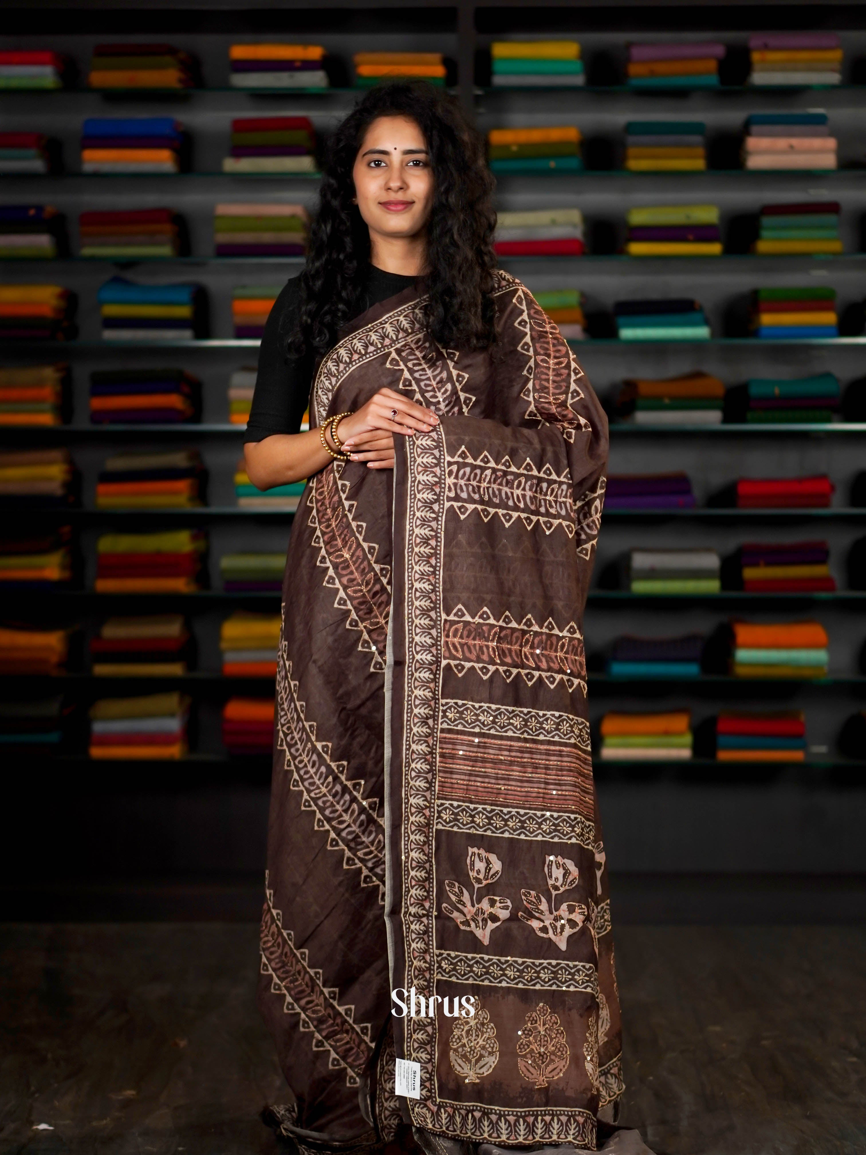 Brown - Semi Kantha Saree - Shop on ShrusEternity.com