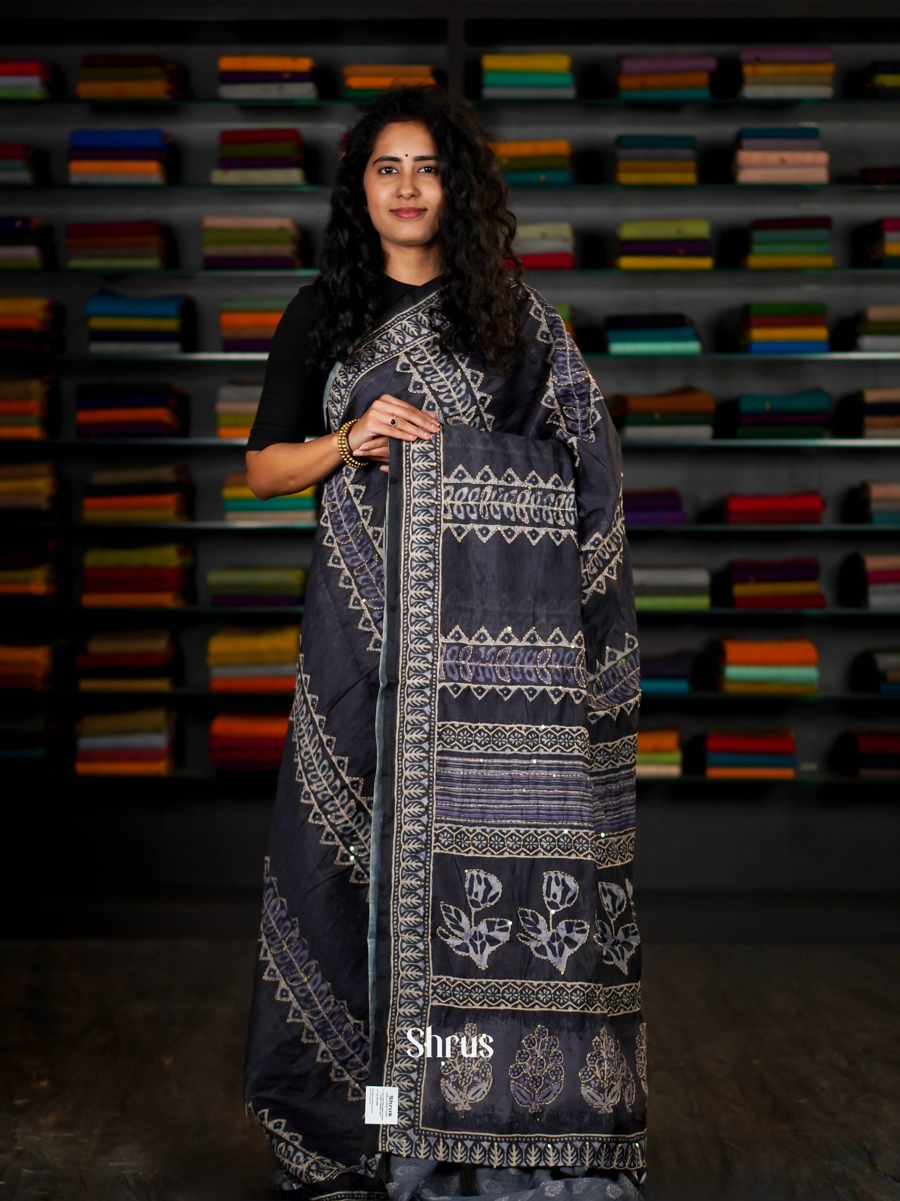 Dark Grey - Semi Kantha Saree - Shop on ShrusEternity.com