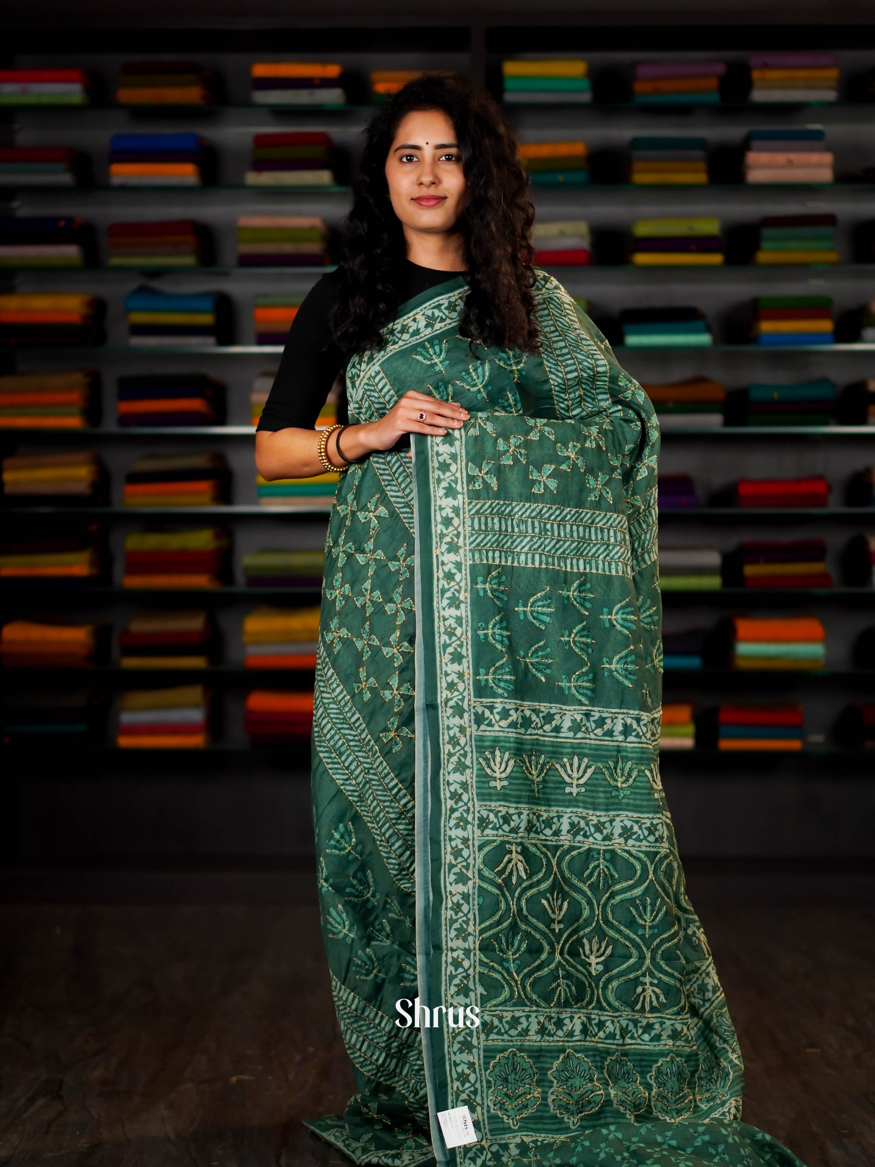 Green - Semi Kantha Saree - Shop on ShrusEternity.com