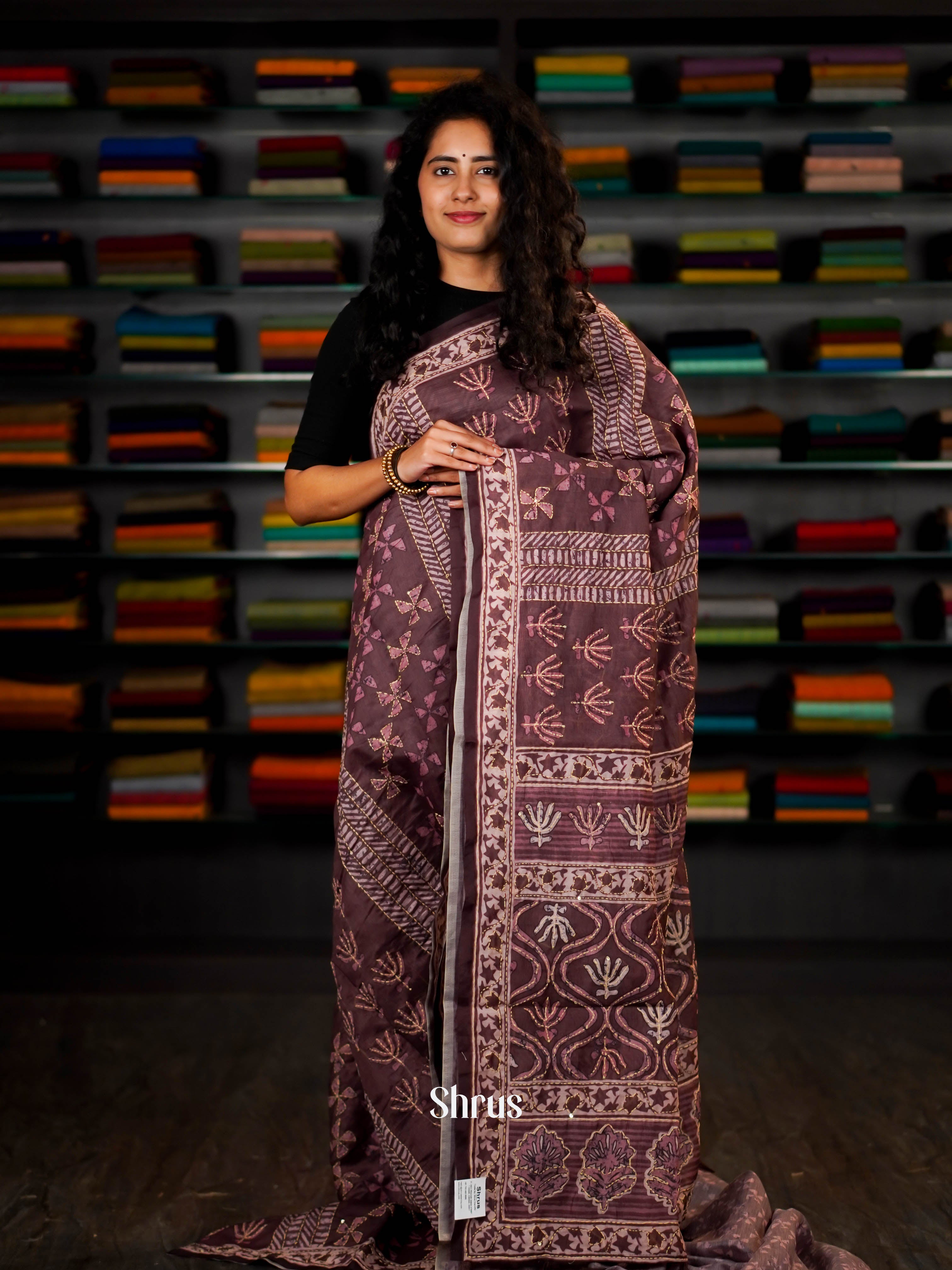 Brown - Semi Kantha Saree - Shop on ShrusEternity.com