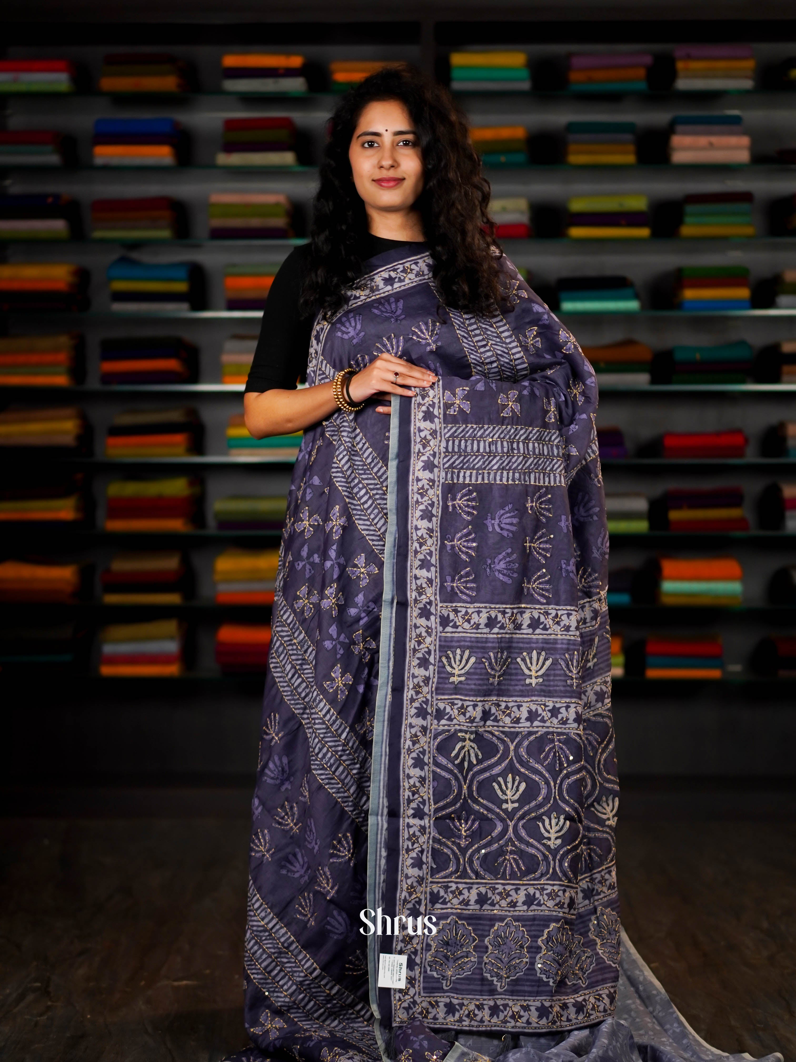 Dark Violet - Semi Kantha Saree - Shop on ShrusEternity.com