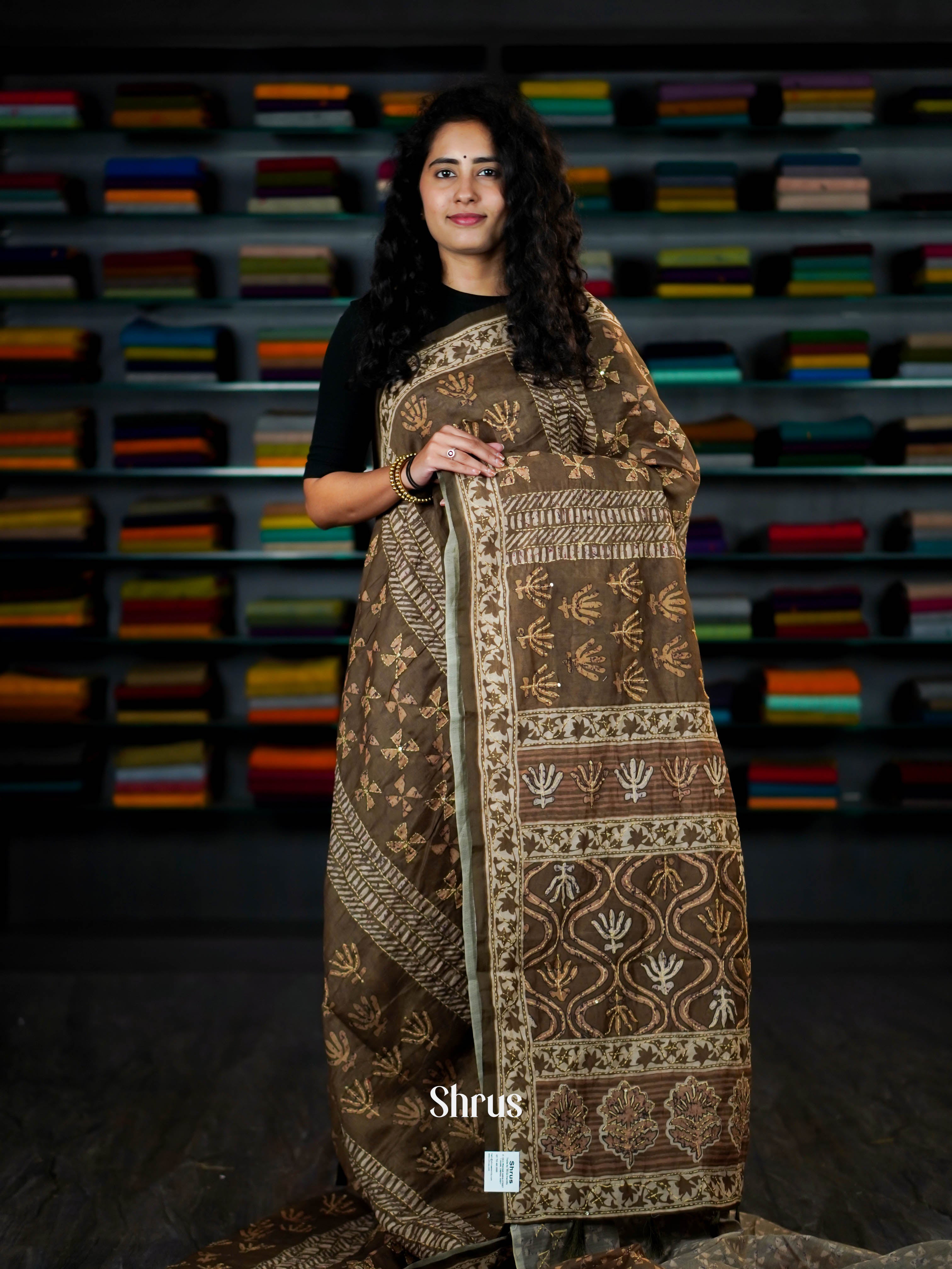 Army Green - Semi Kantha Saree - Shop on ShrusEternity.com