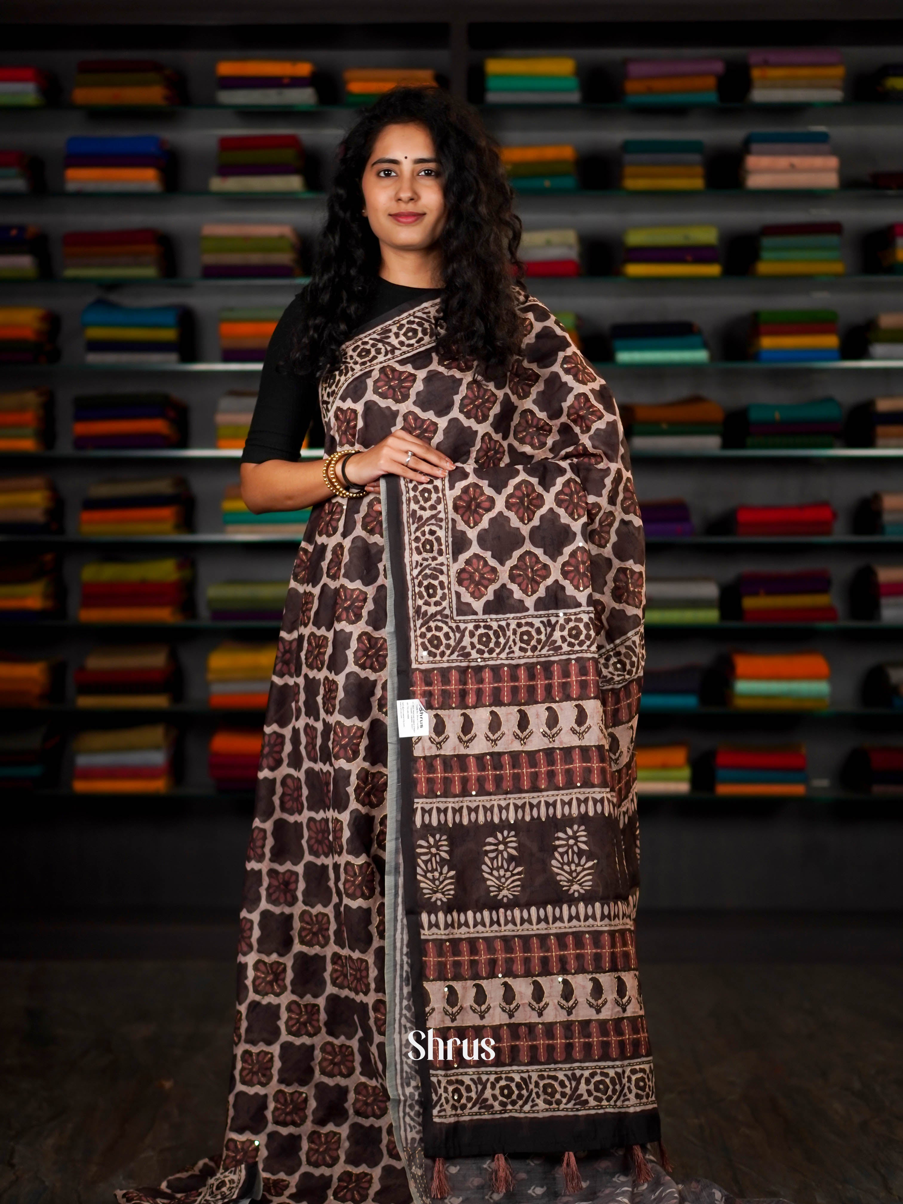 Brown - Semi Kantha Saree - Shop on ShrusEternity.com