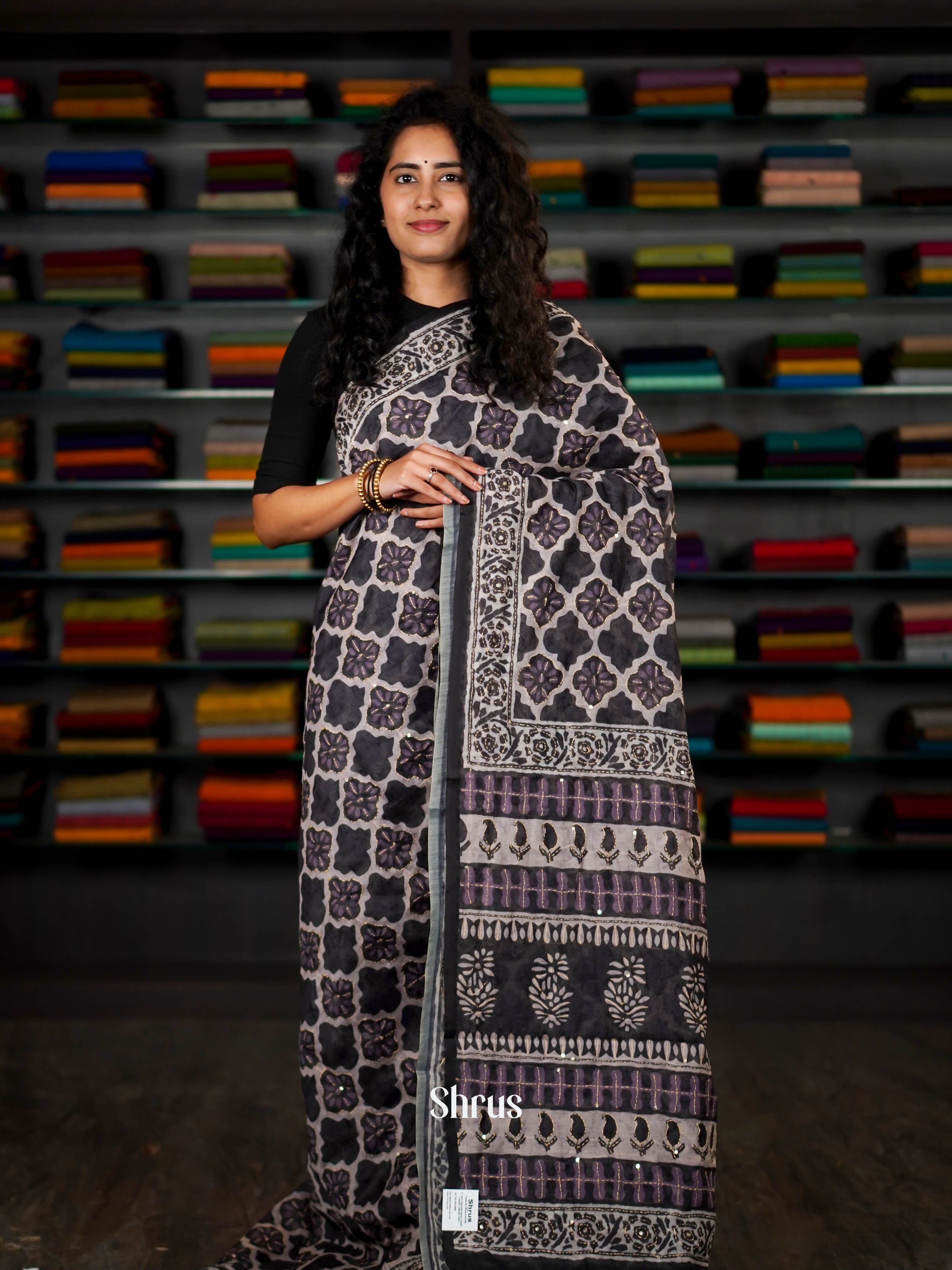 Grey - Semi Kantha Saree - Shop on ShrusEternity.com