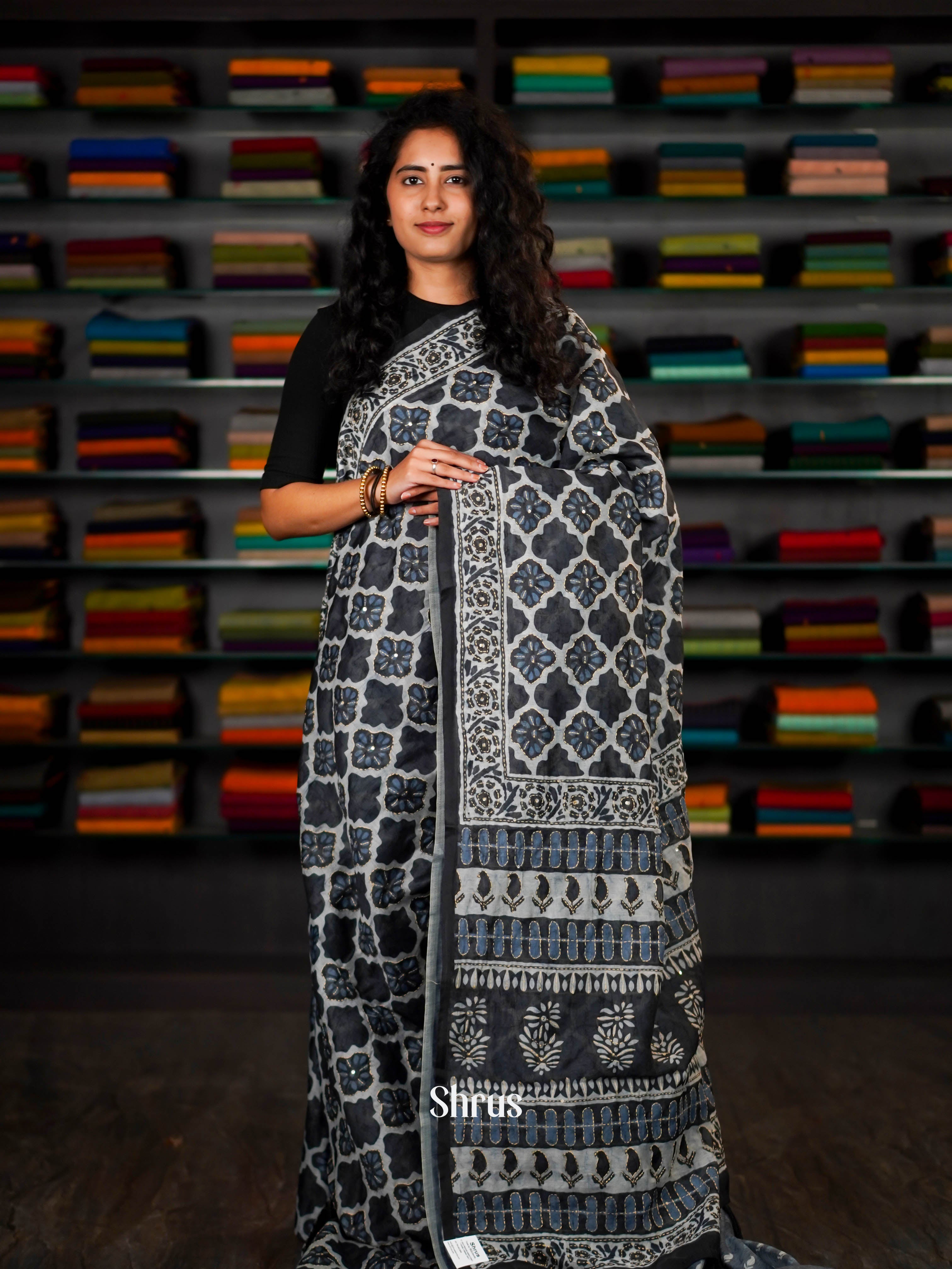 White & Grey- Semi Kantha Saree - Shop on ShrusEternity.com