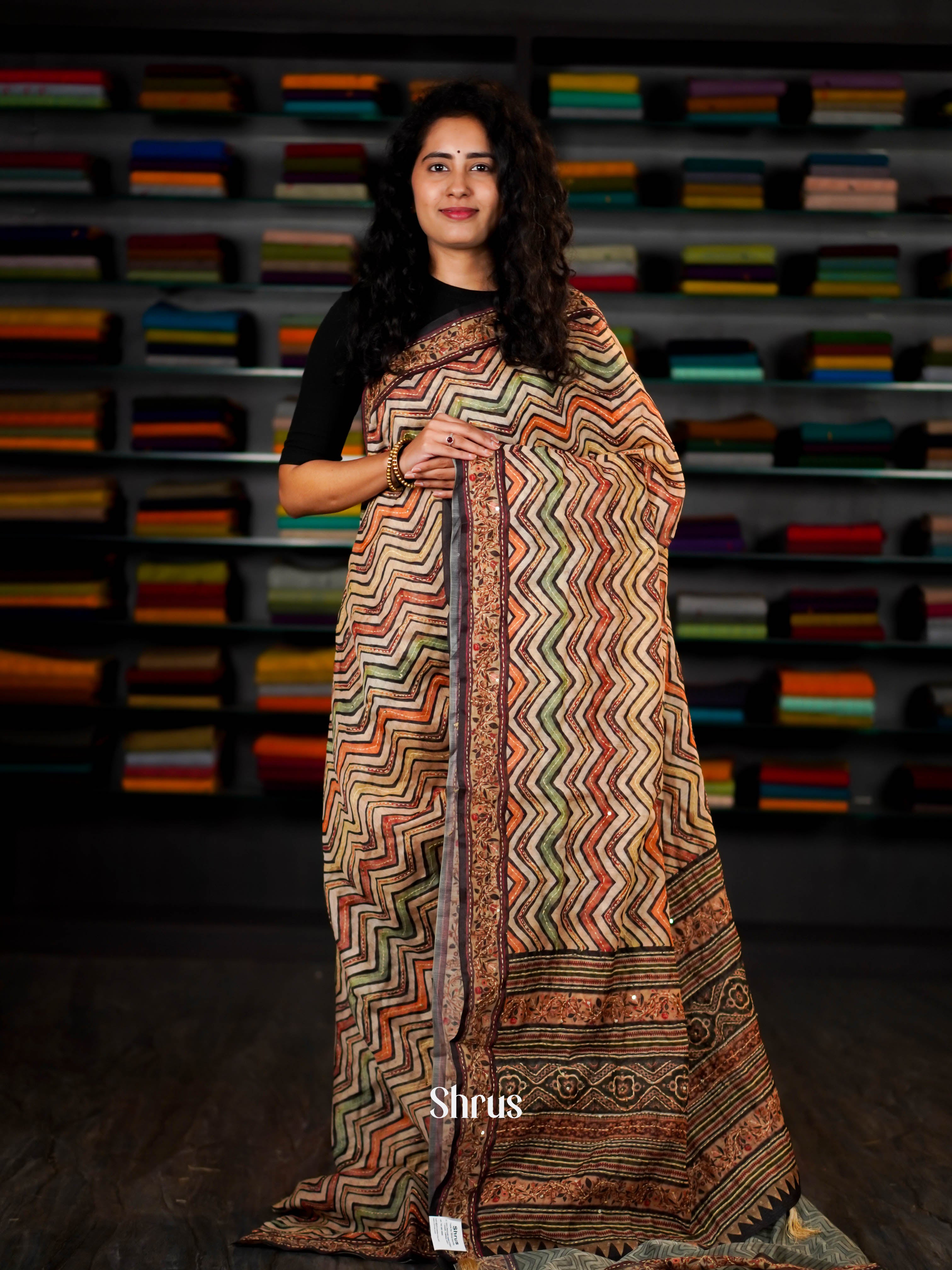 Cream & Black - Semi Kantha Saree - Shop on ShrusEternity.com