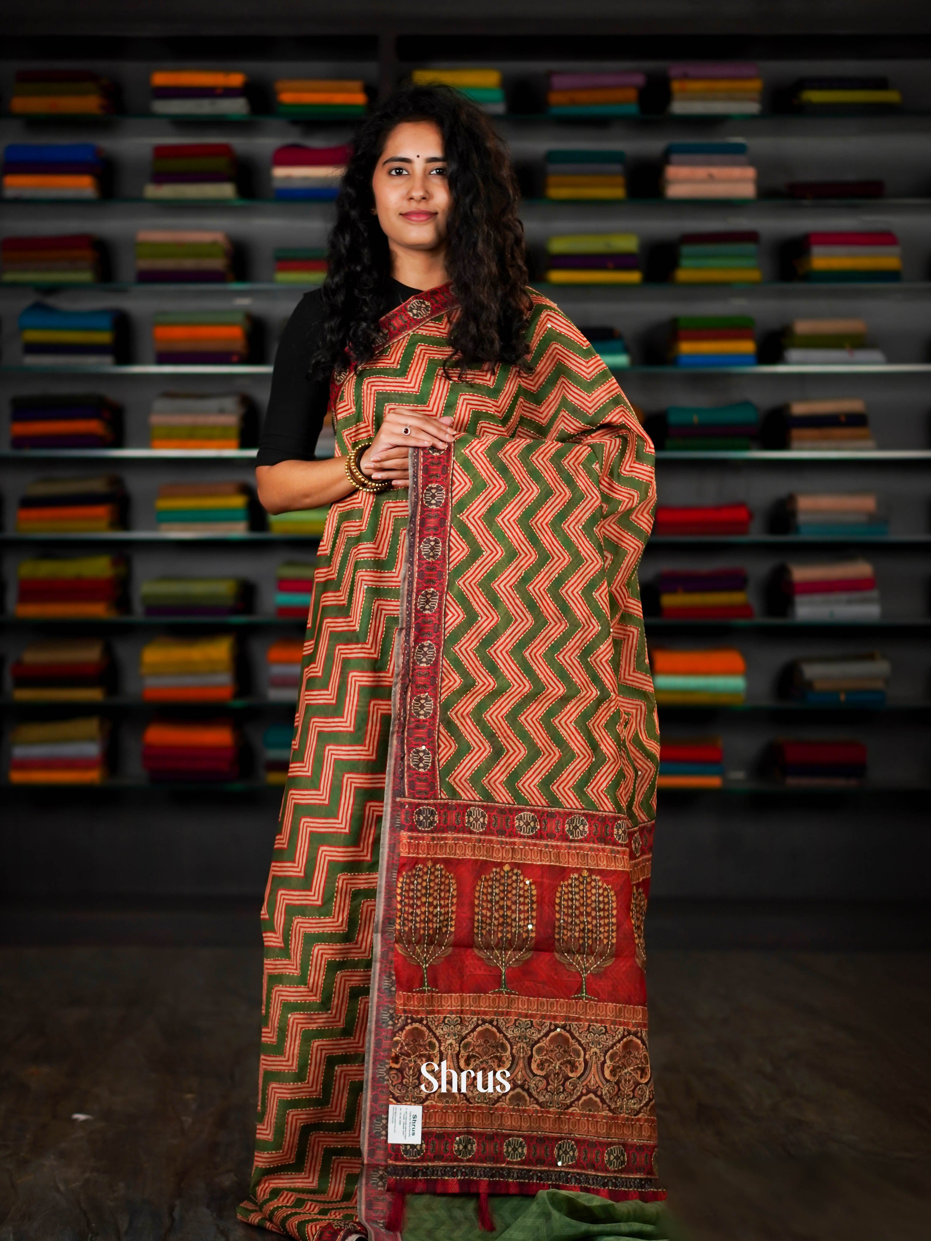 Maroon & Green - Semi Kantha Saree - Shop on ShrusEternity.com