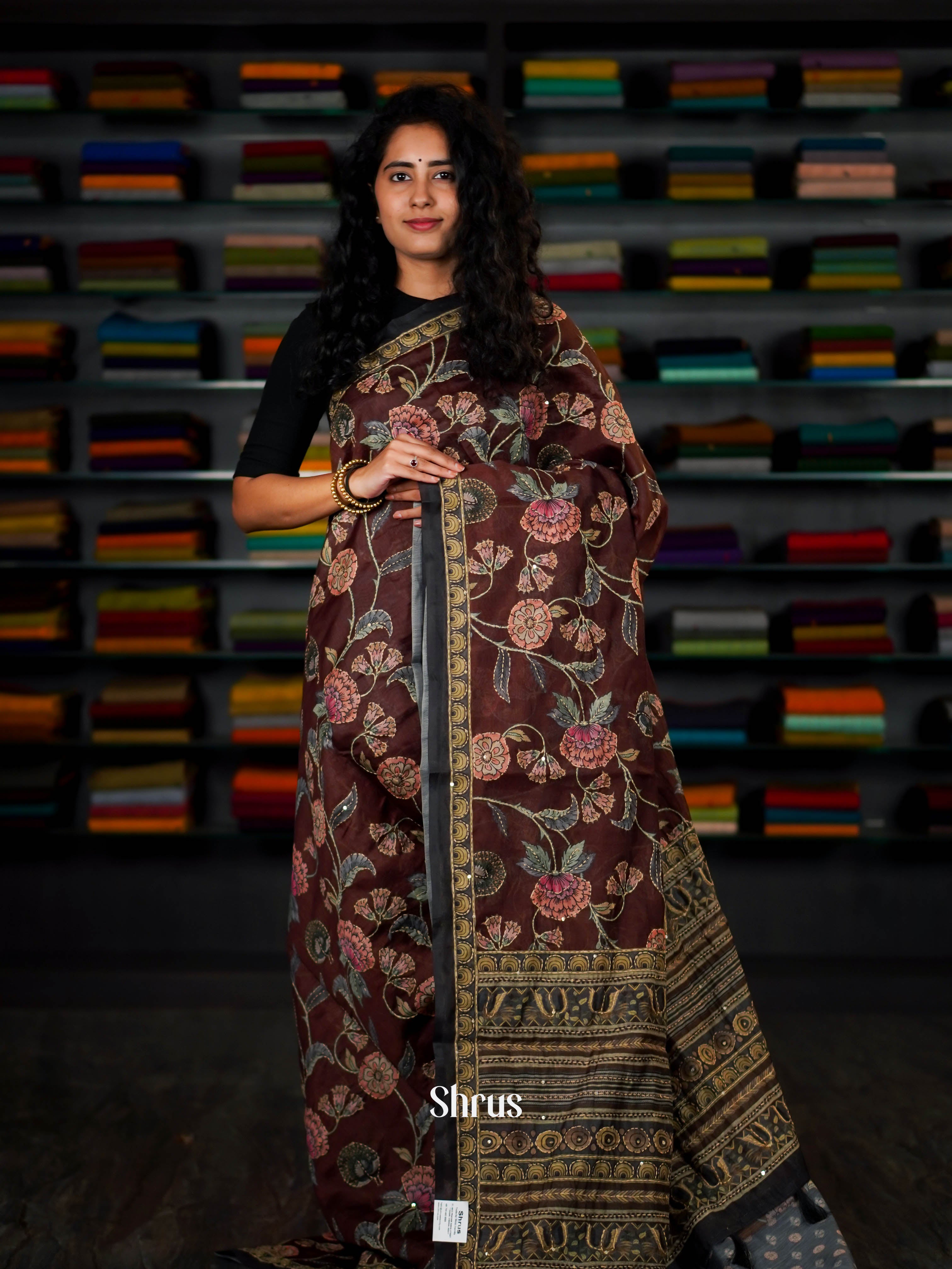 Brown & Grey - Semi Kantha Saree - Shop on ShrusEternity.com