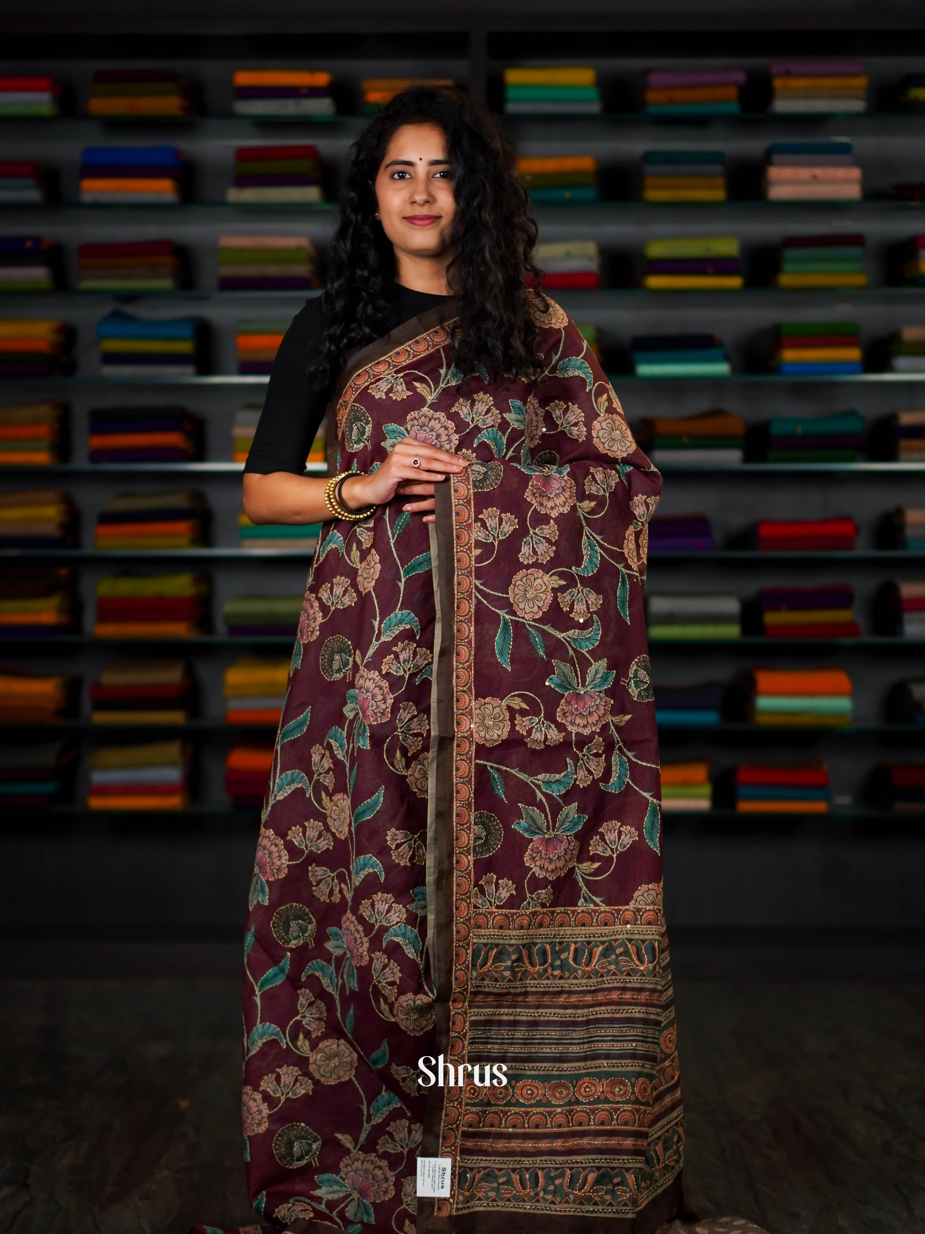 Brown - Semi Kantha Saree - Shop on ShrusEternity.com