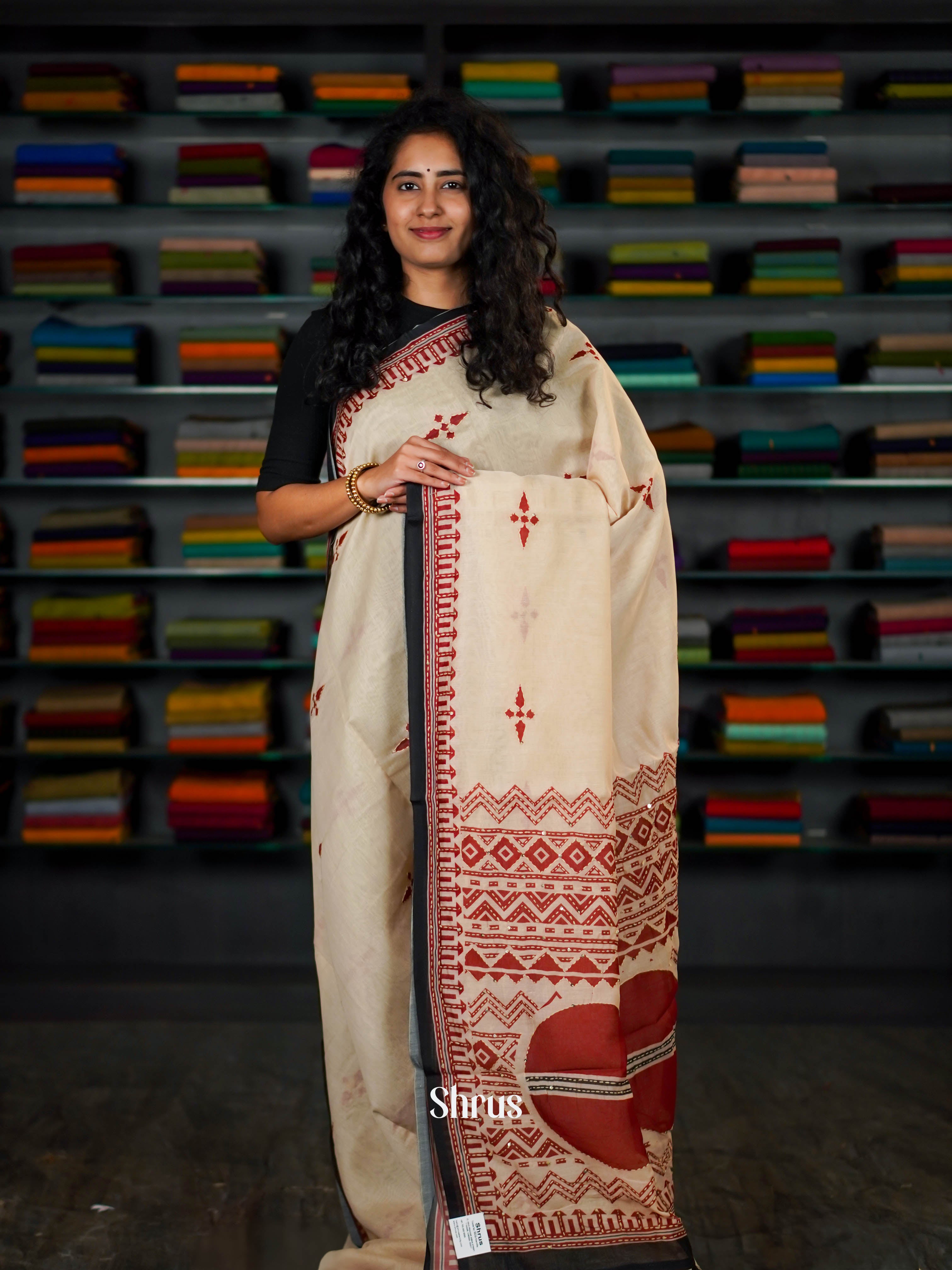 Cream - Semi Kantha Saree - Shop on ShrusEternity.com