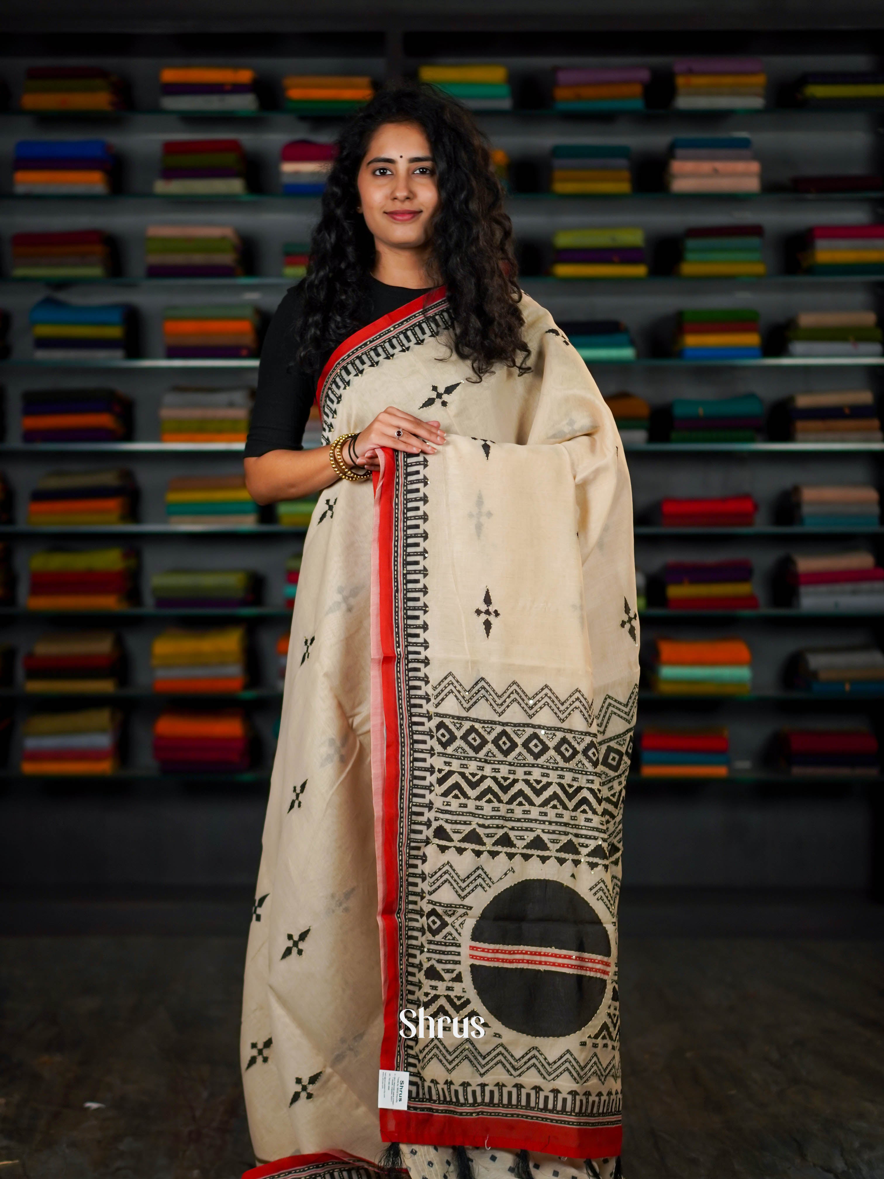 Cream & Black - Semi Kantha Saree - Shop on ShrusEternity.com