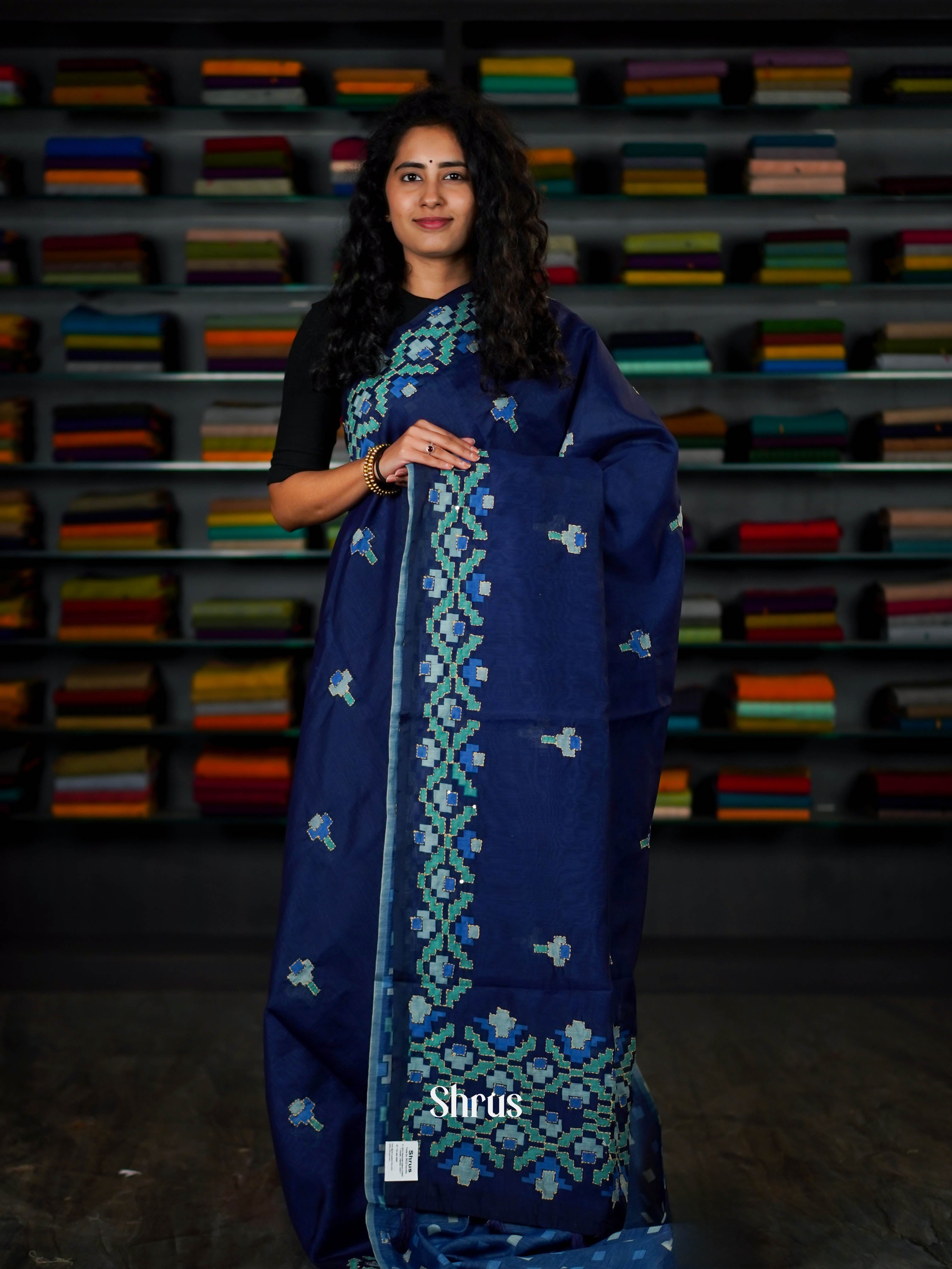 Blue - Semi Kantha Saree - Shop on ShrusEternity.com