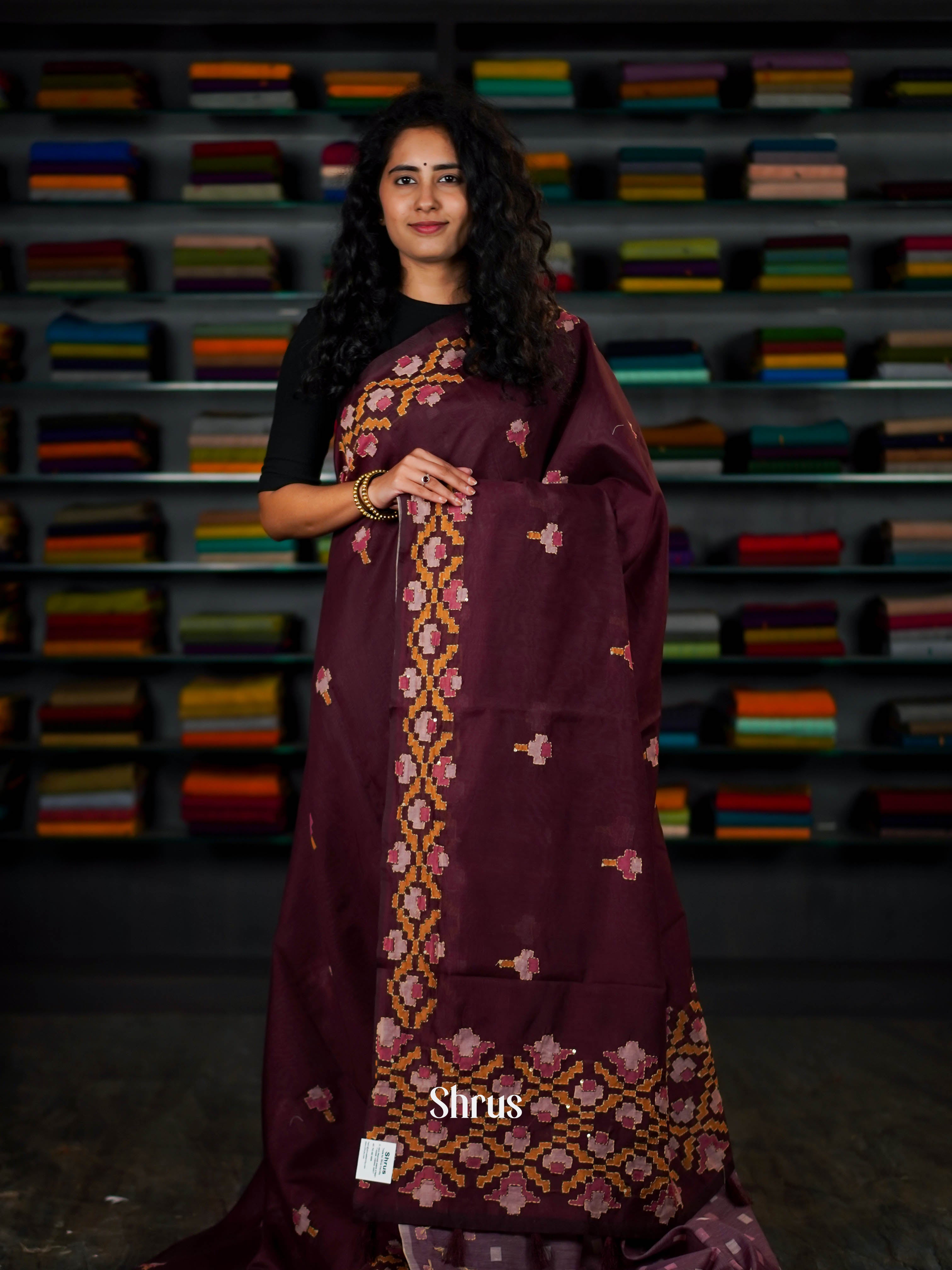 Maroon - Semi Kantha Saree - Shop on ShrusEternity.com