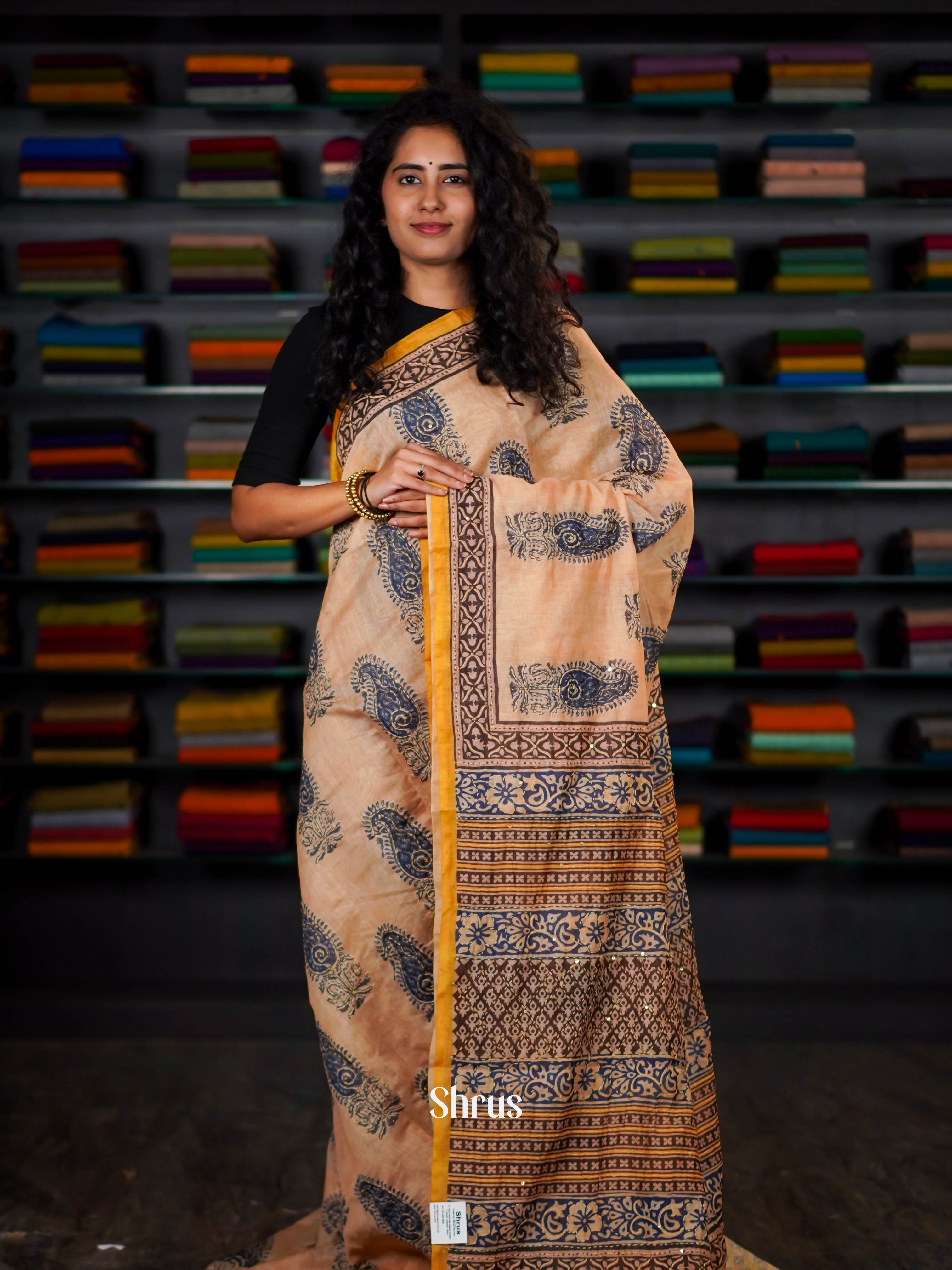 Peach & Yellow - Semi Kantha Saree - Shop on ShrusEternity.com