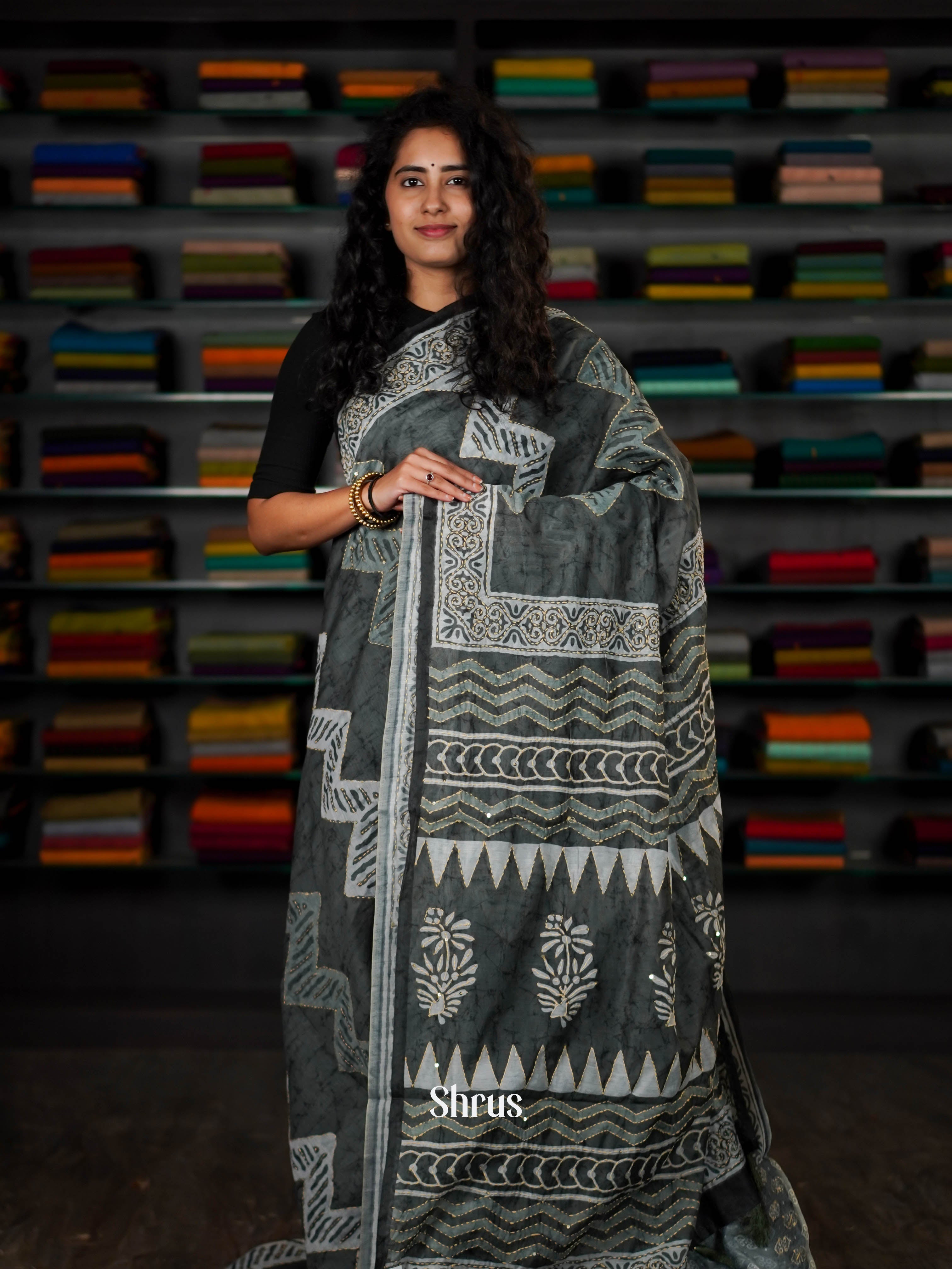 Green - Semi Kantha Saree - Shop on ShrusEternity.com