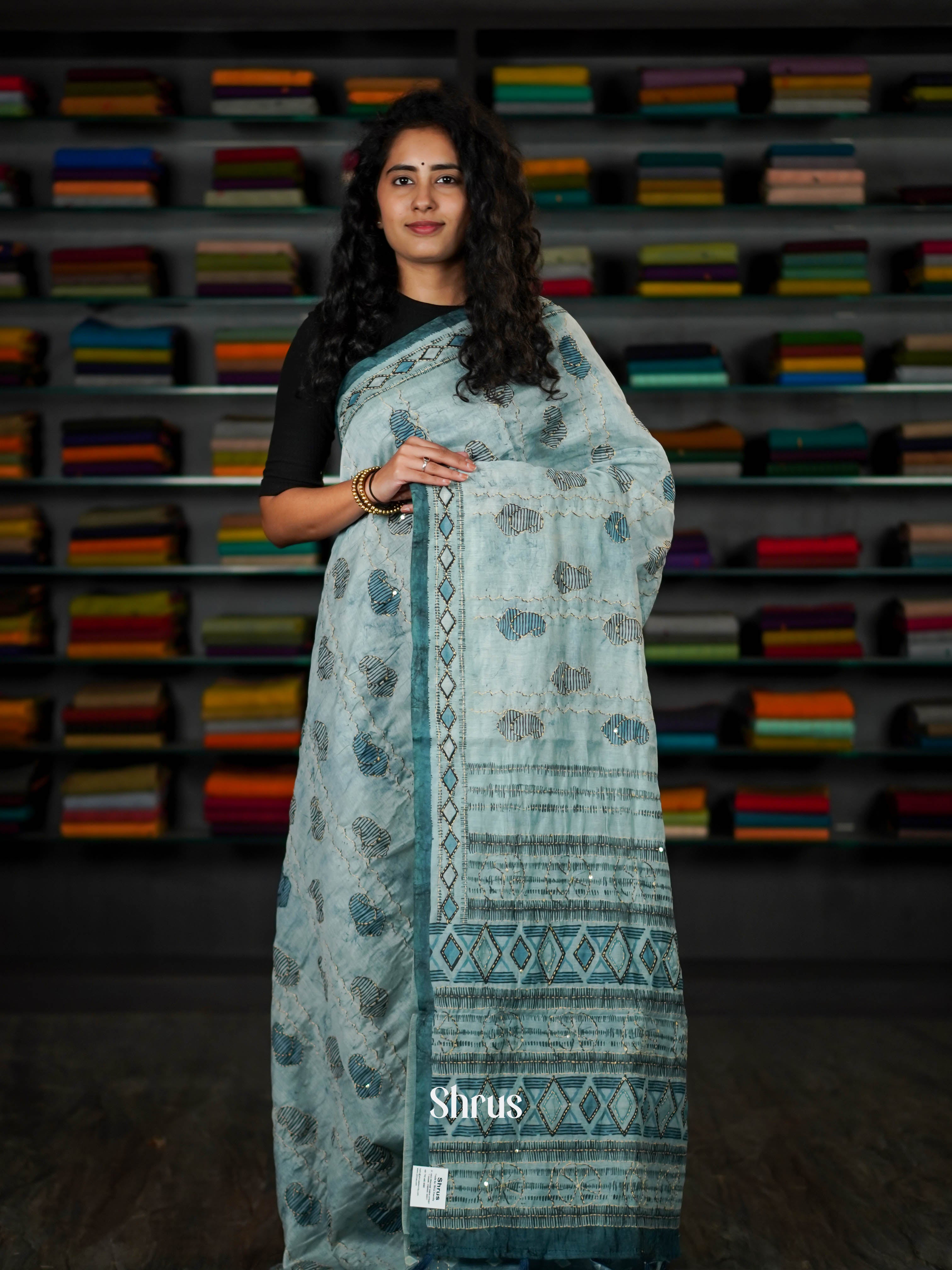 Lite Blue & Blue - Semi Kantha Saree - Shop on ShrusEternity.com
