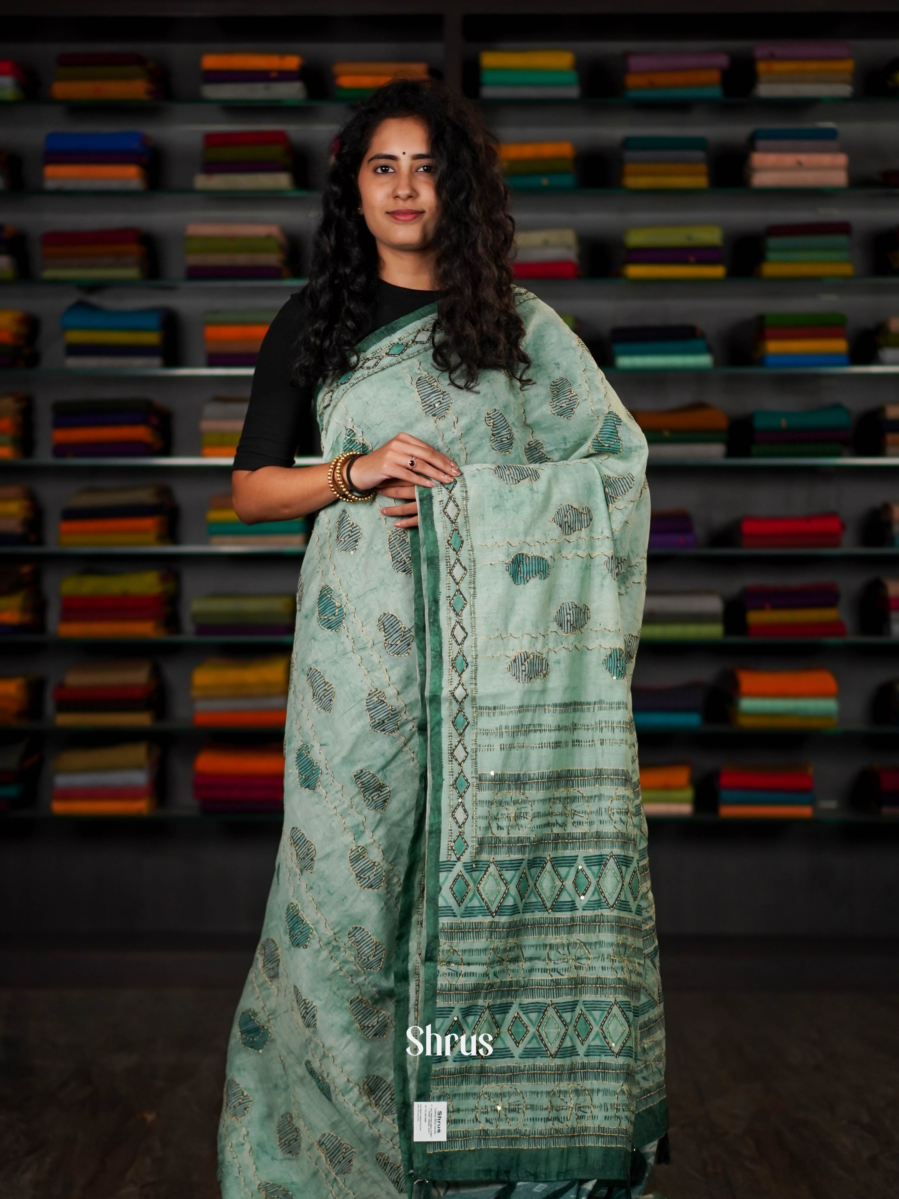 Pale Green - Semi Kantha Saree - Shop on ShrusEternity.com