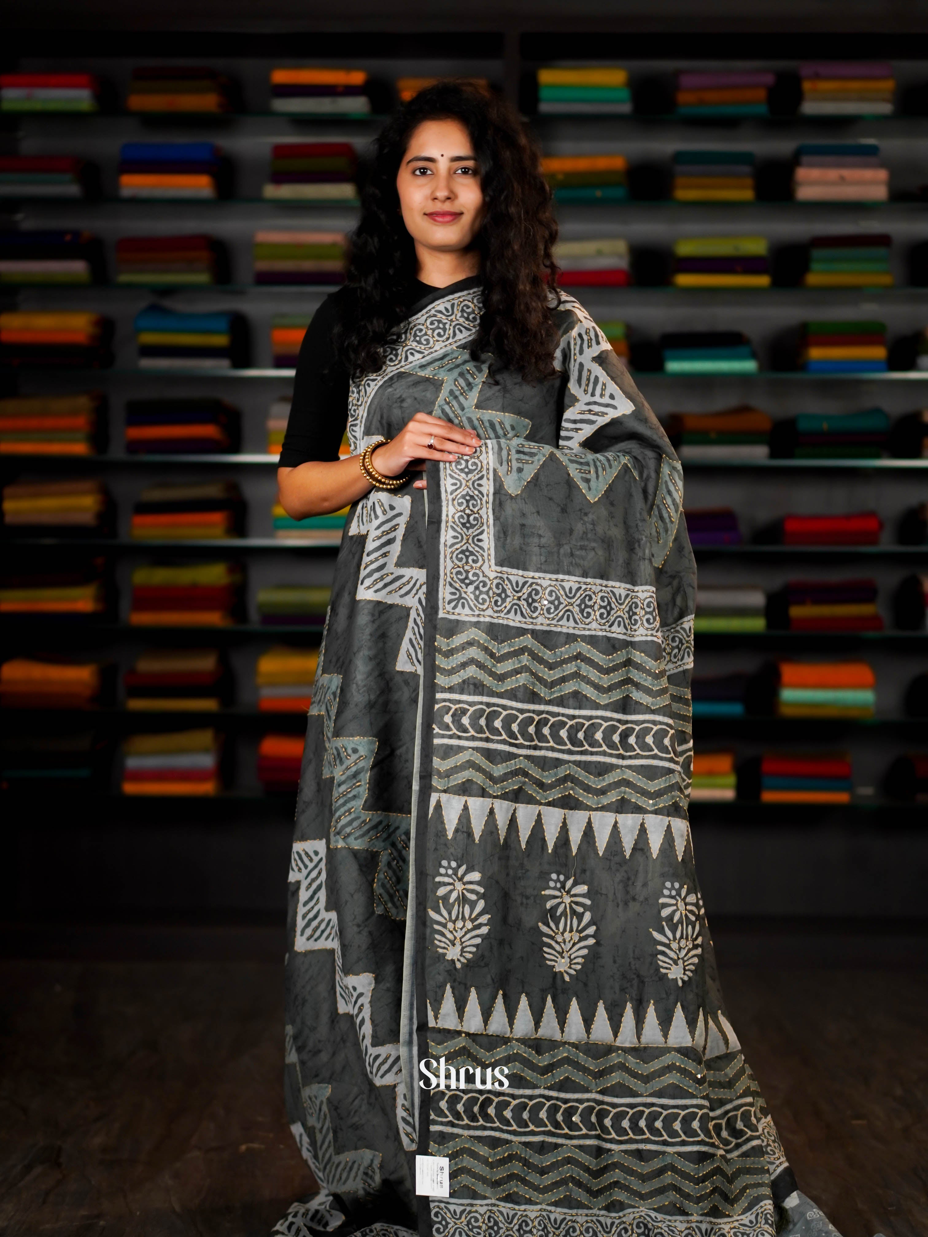Bottle Green - Semi Kantha Saree - Shop on ShrusEternity.com