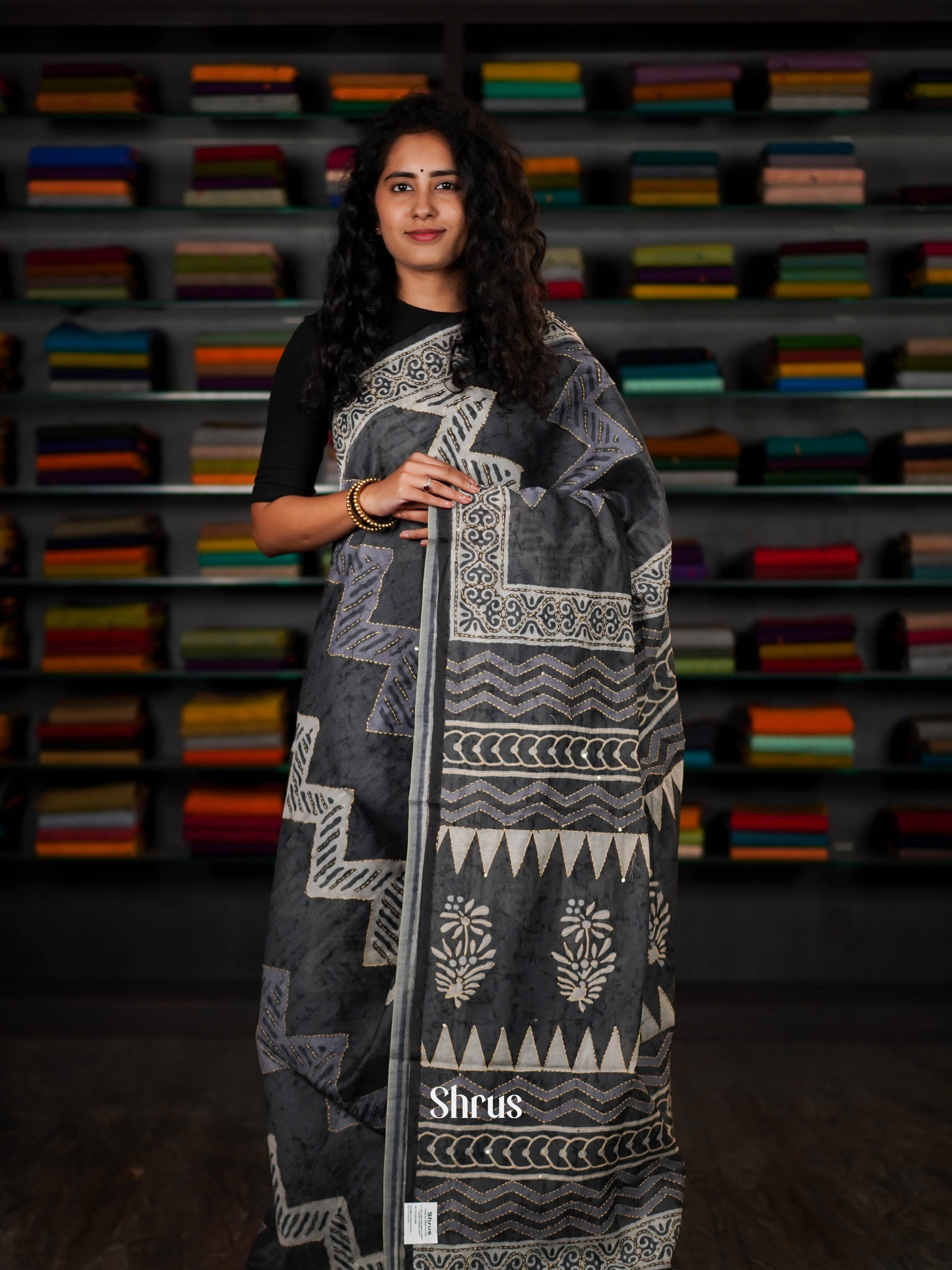 Grey - Semi Kantha Saree - Shop on ShrusEternity.com
