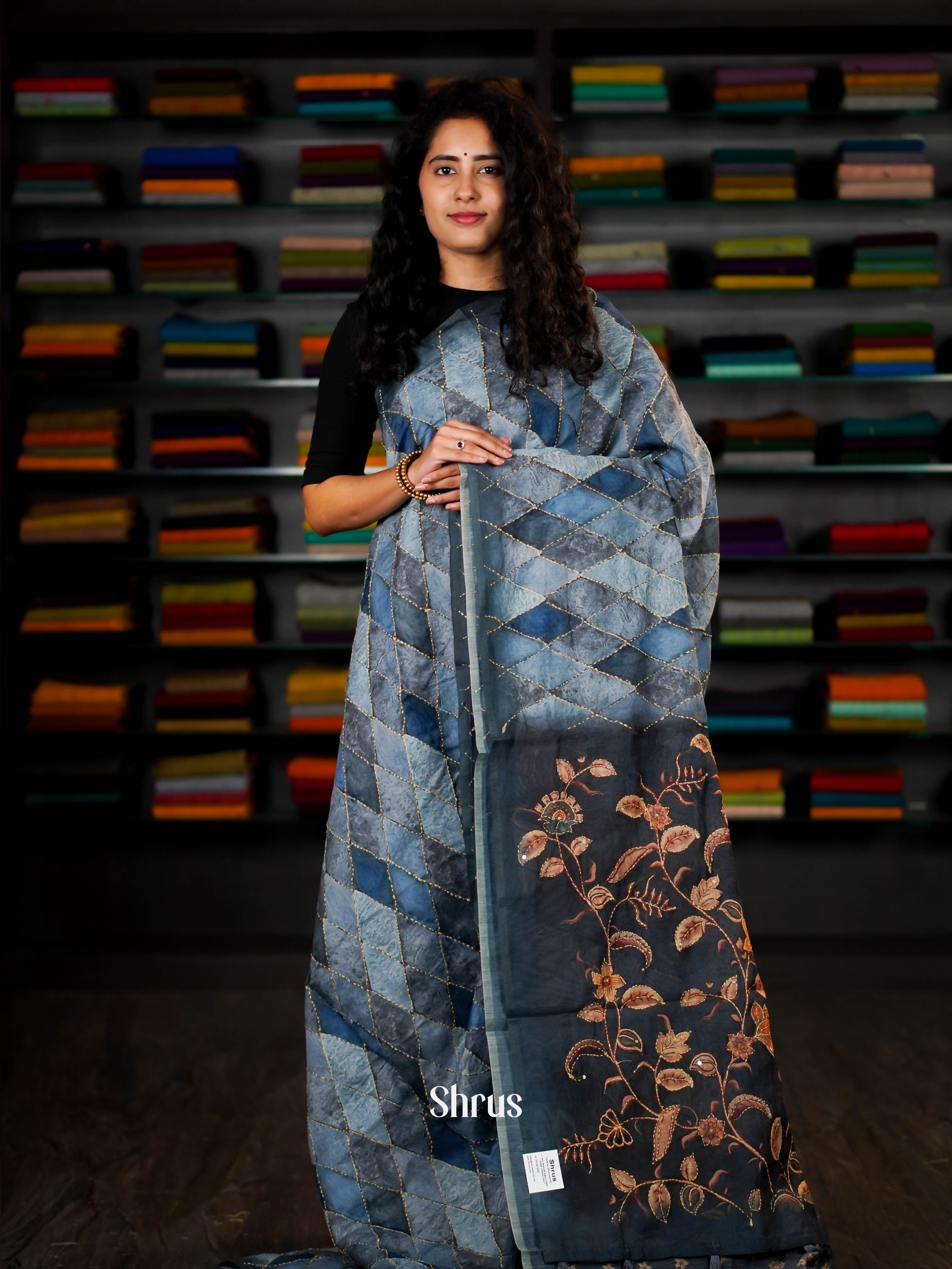 Grey & Blue - Semi Kantha Saree - Shop on ShrusEternity.com