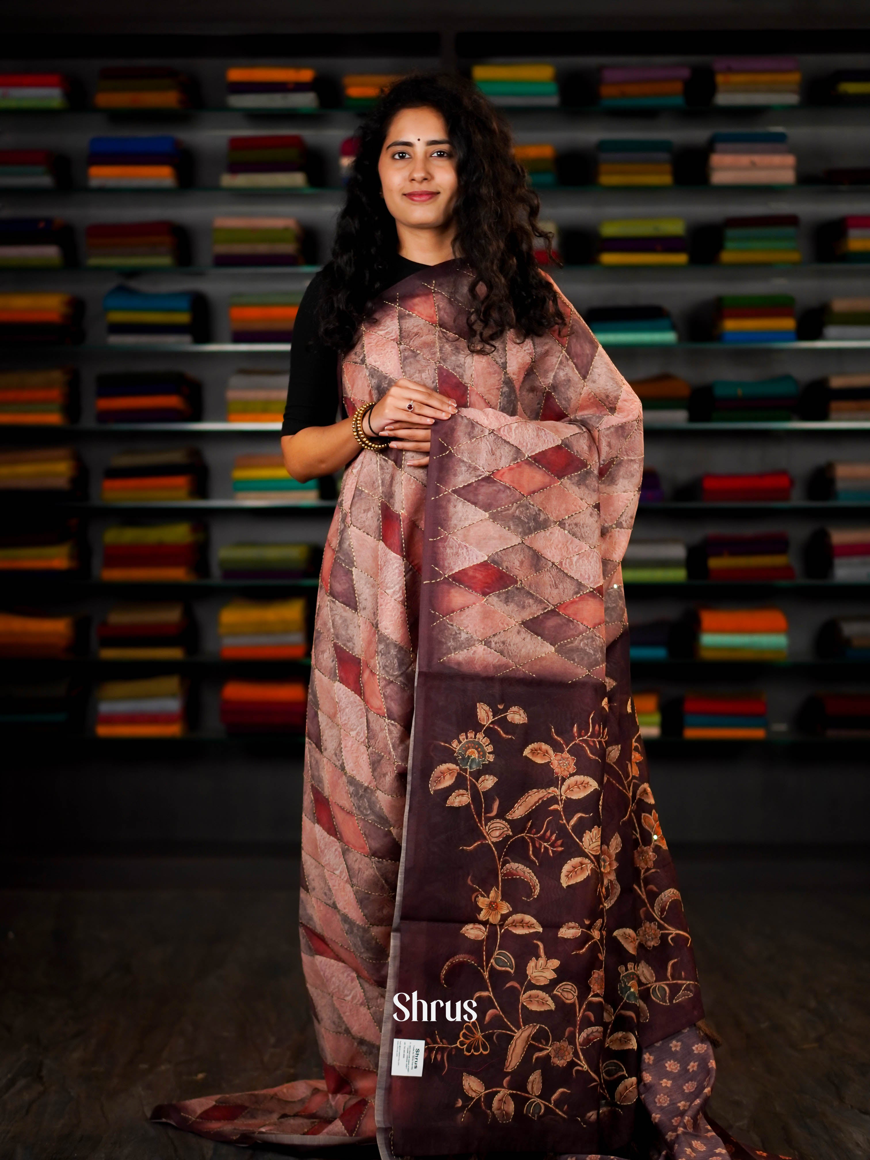 Shades Of Peach & Brown - Semi Kantha Saree - Shop on ShrusEternity.com