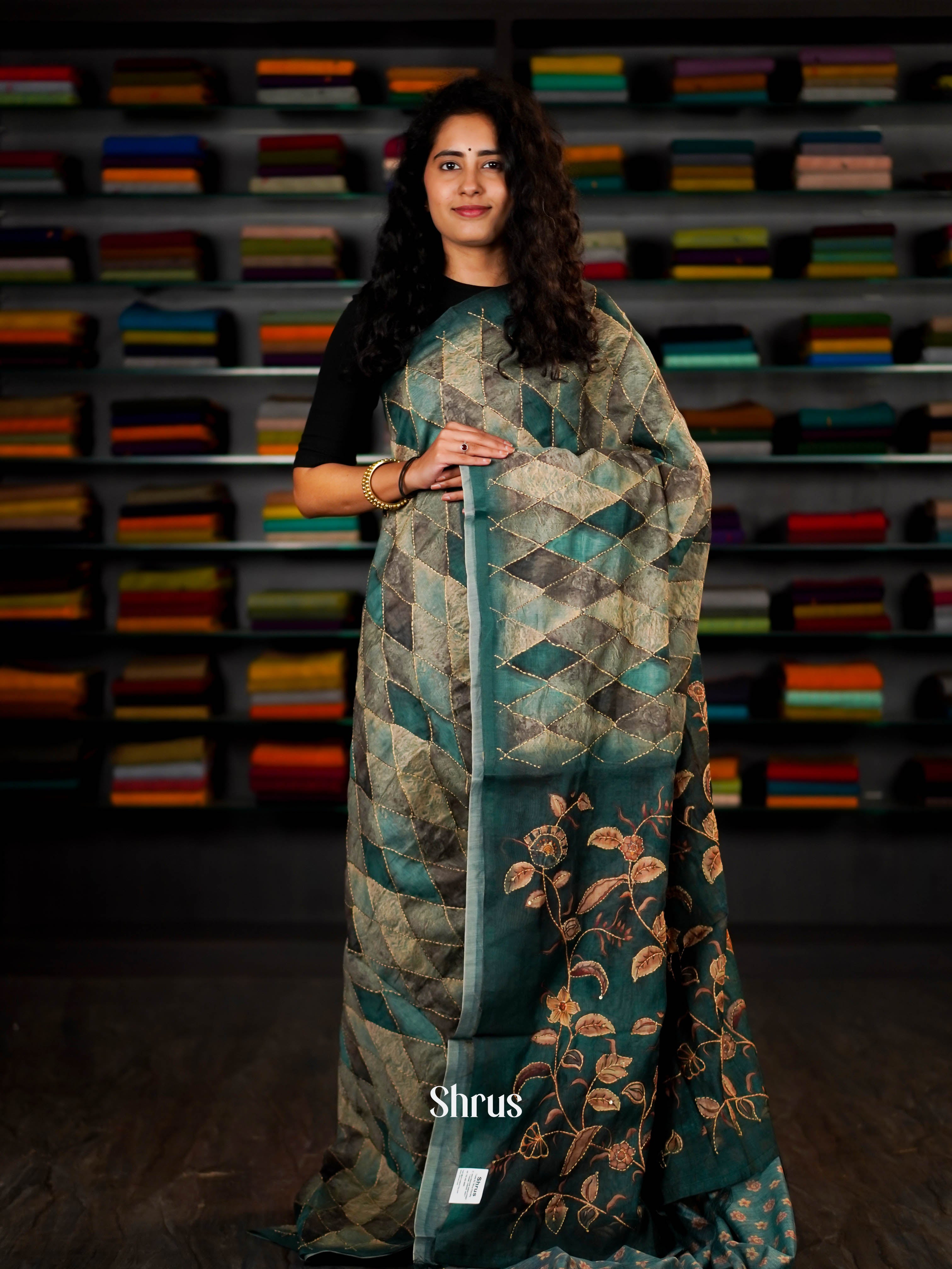 Green & Grey - Semi Kantha Saree - Shop on ShrusEternity.com