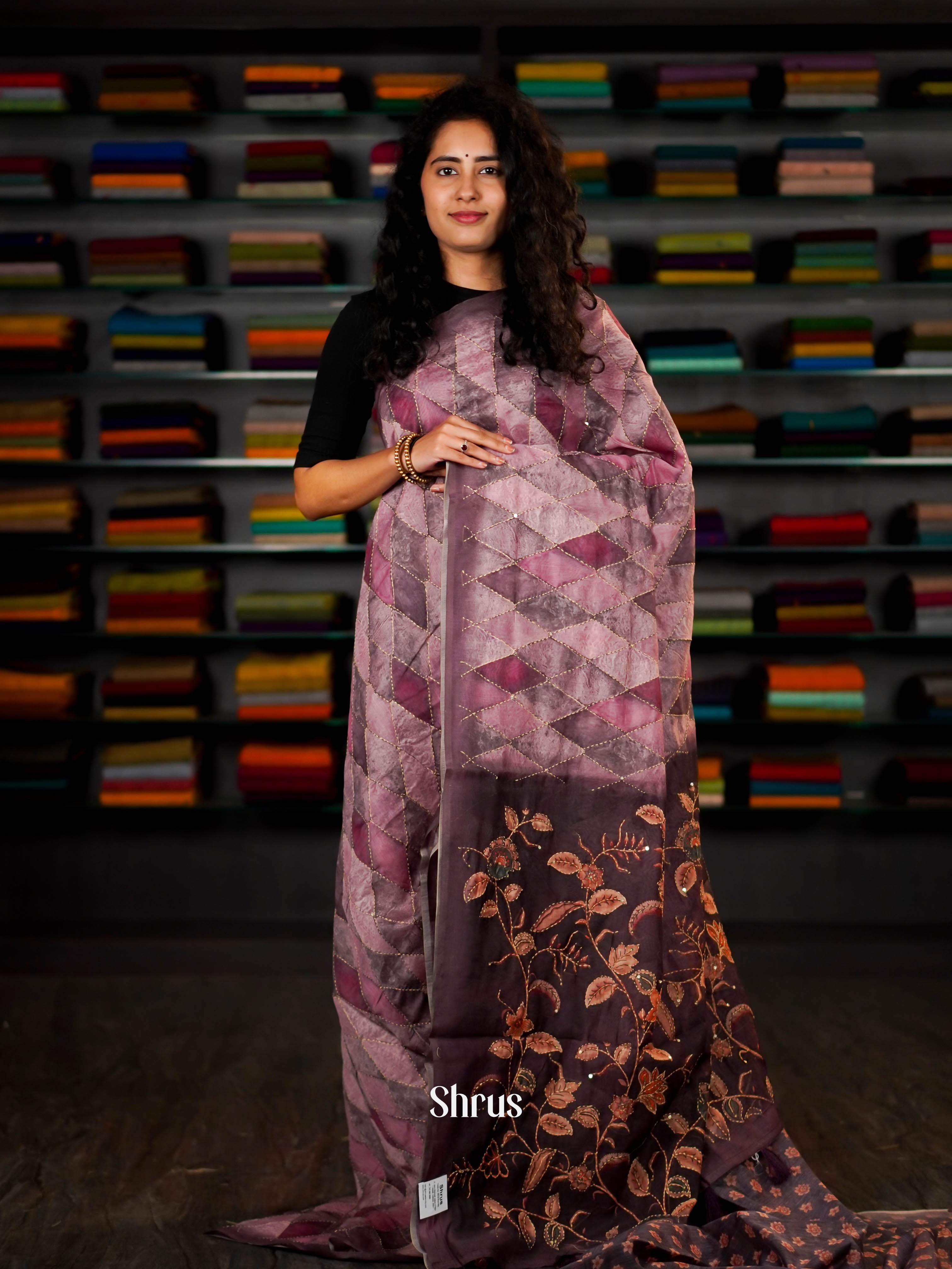 Dusty Pink & Brown- Semi Kantha Saree - Shop on ShrusEternity.com