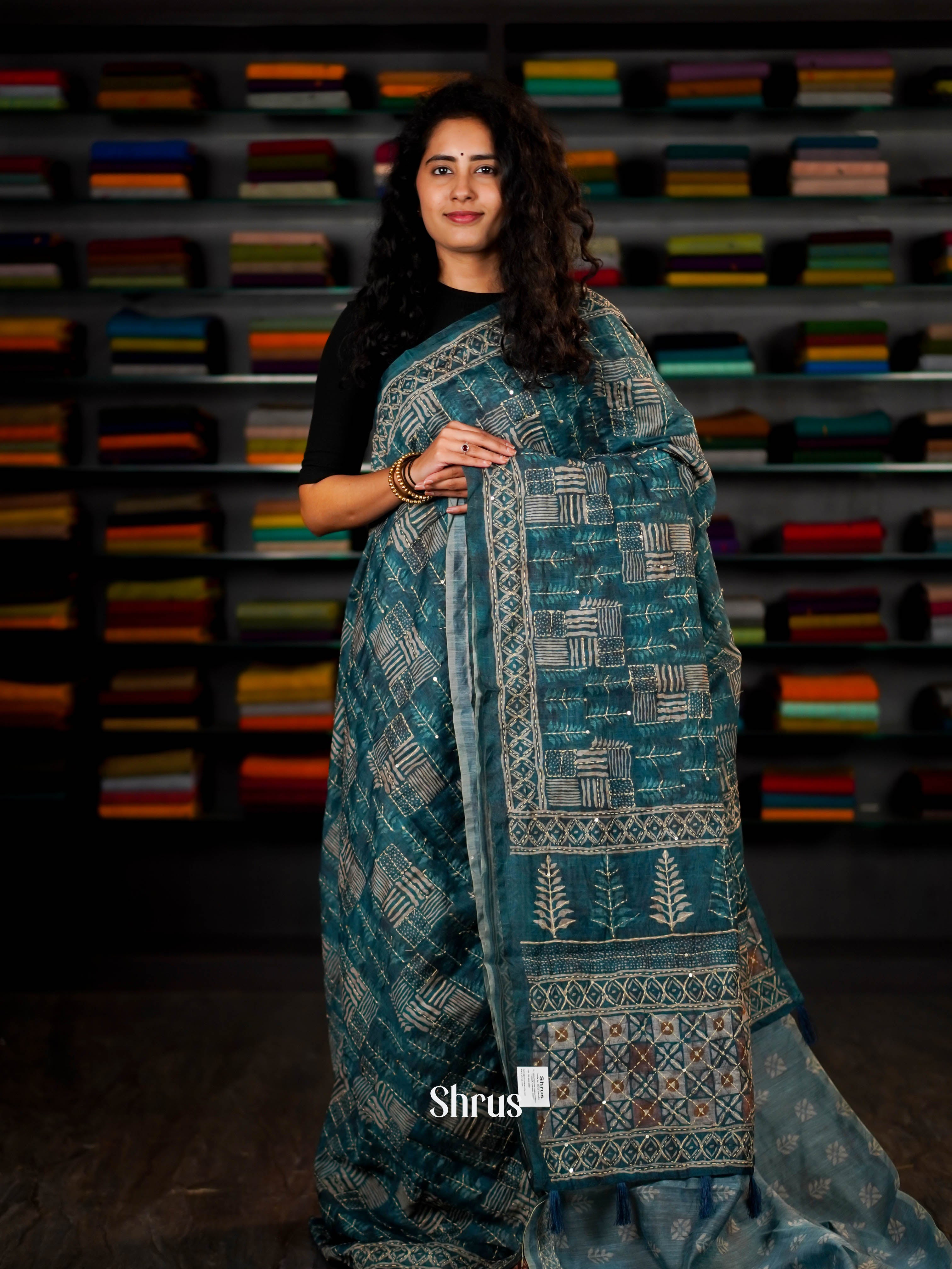 Bluish Green - Semi Kantha Saree - Shop on ShrusEternity.com
