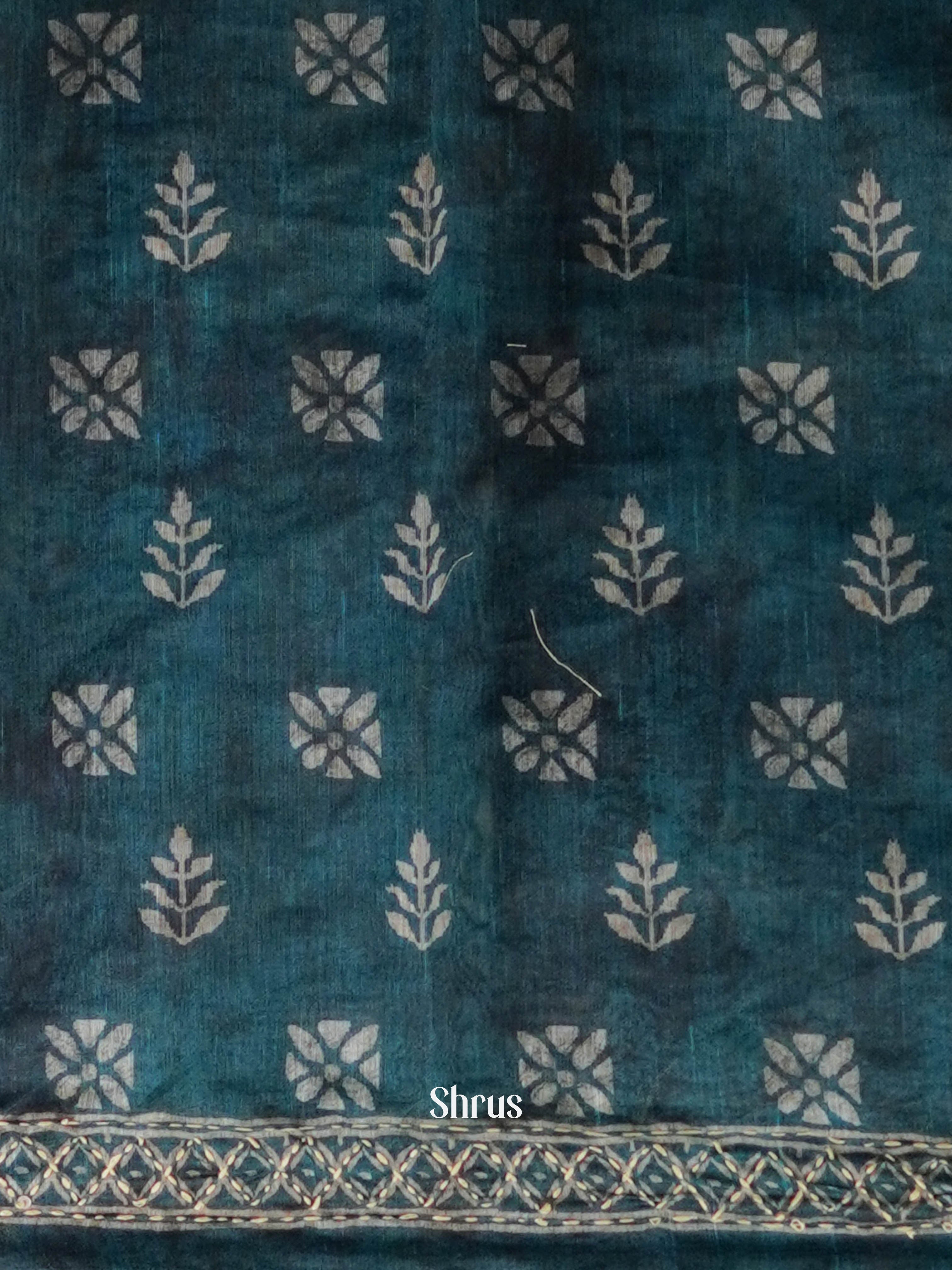 Bluish Green - Semi Kantha Saree - Shop on ShrusEternity.com