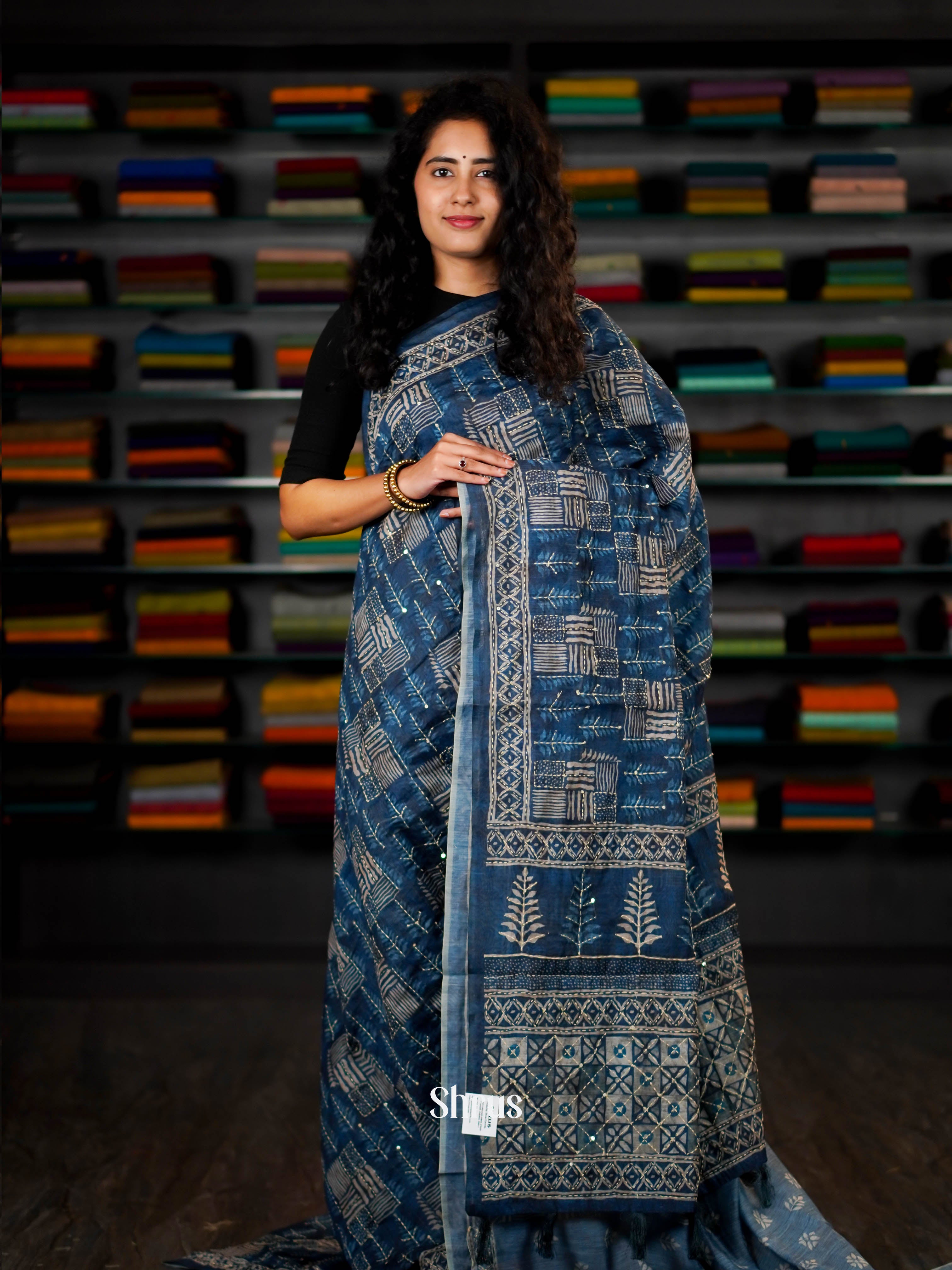 Blue - Semi Kantha Saree - Shop on ShrusEternity.com