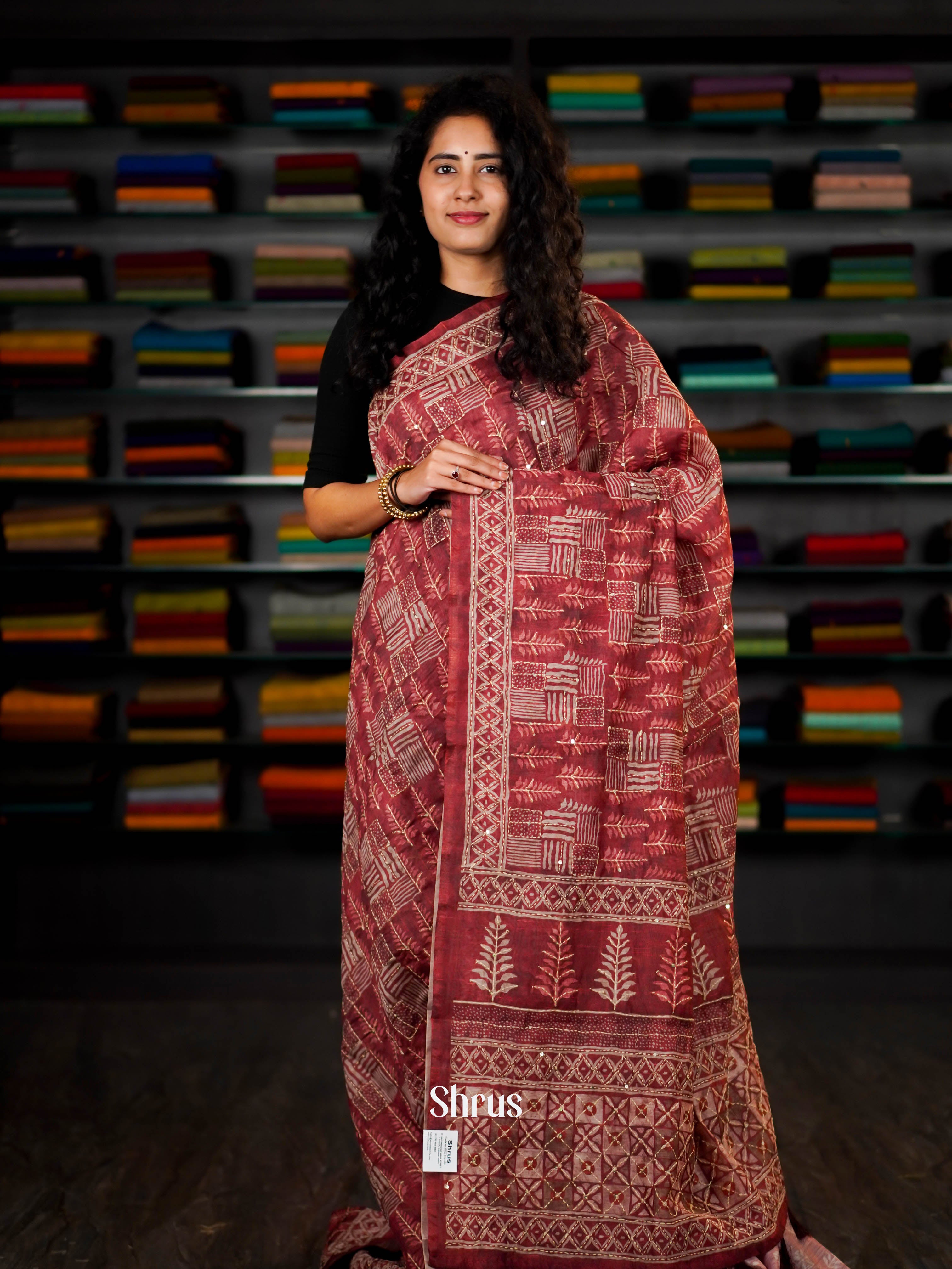 Maroon - Semi Kantha Saree - Shop on ShrusEternity.com
