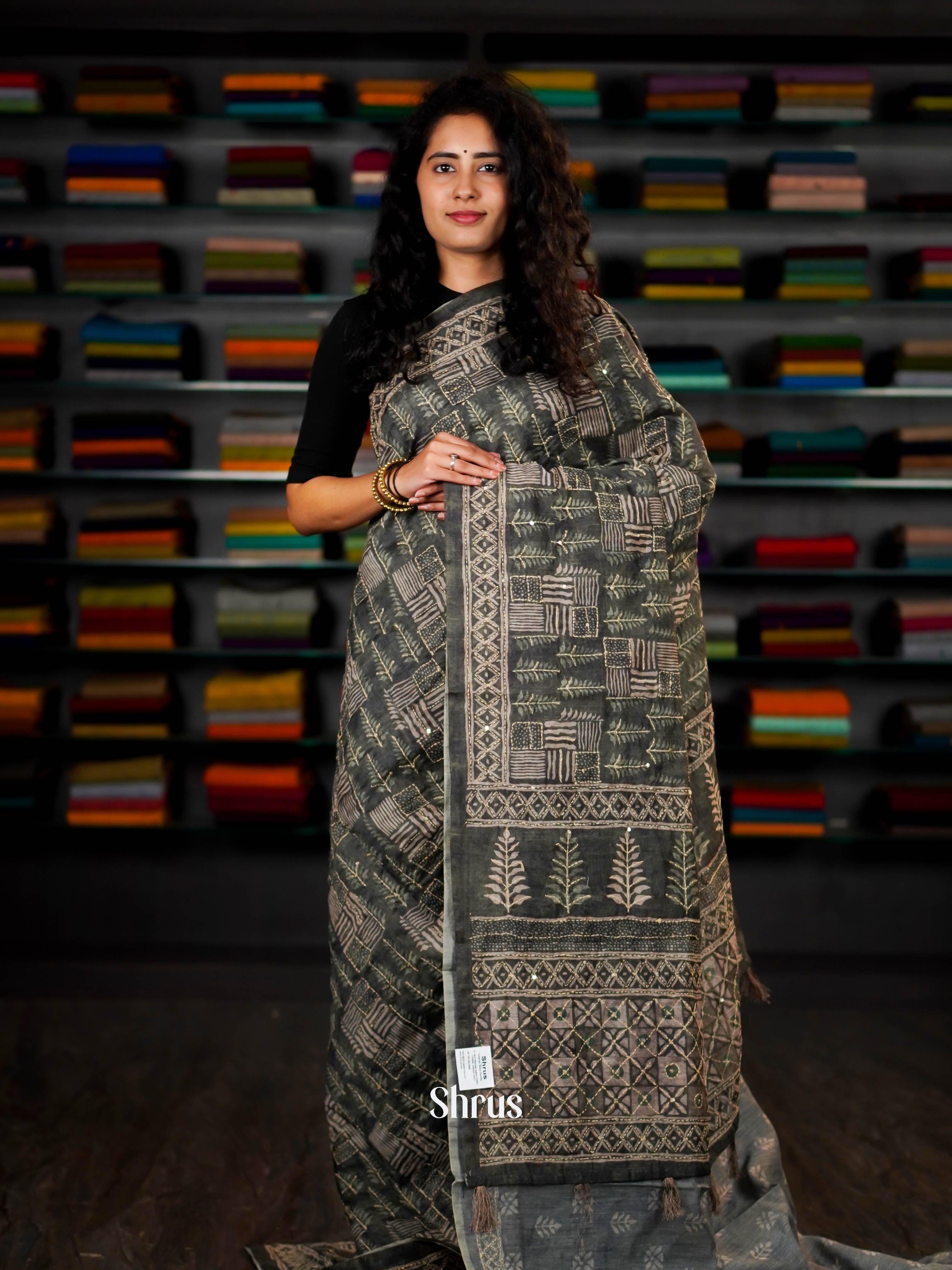 Green - Semi Kantha Saree - Shop on ShrusEternity.com