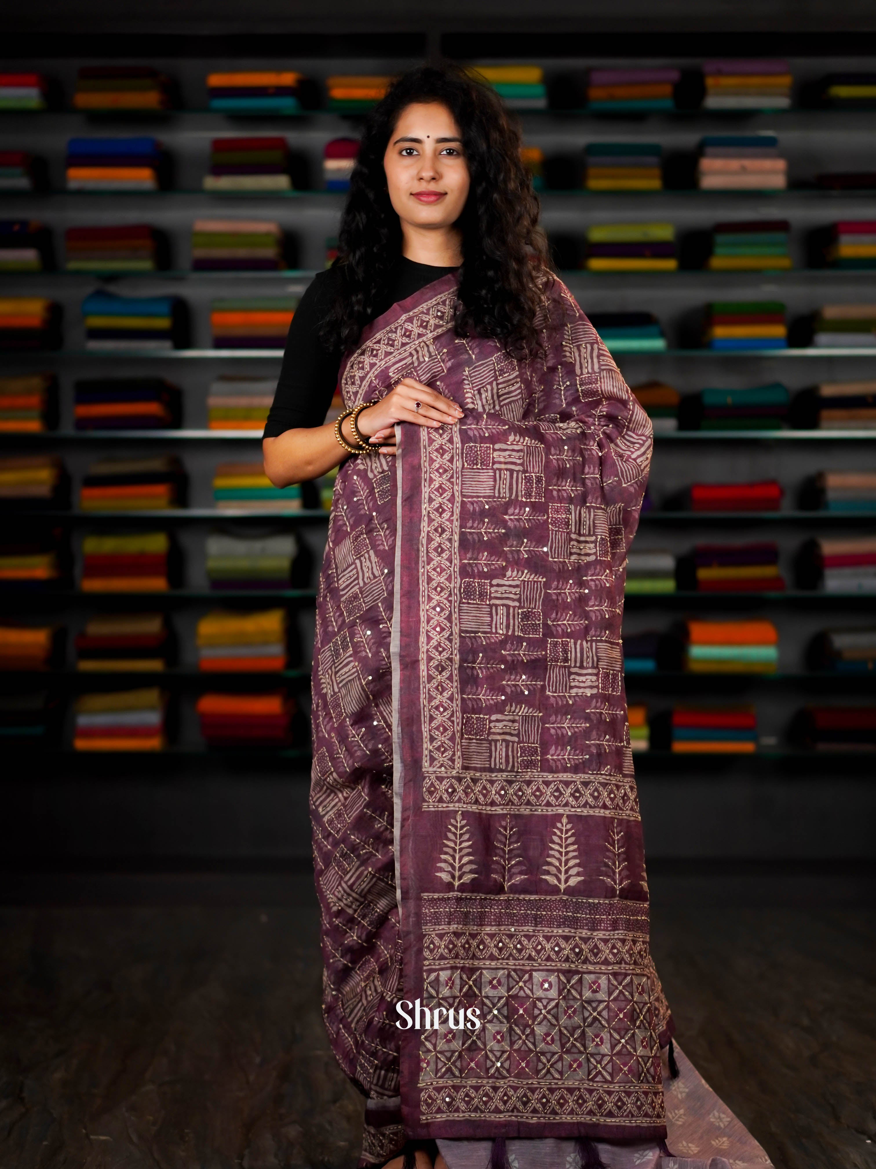 Dark Purple - Semi Kantha Saree - Shop on ShrusEternity.com