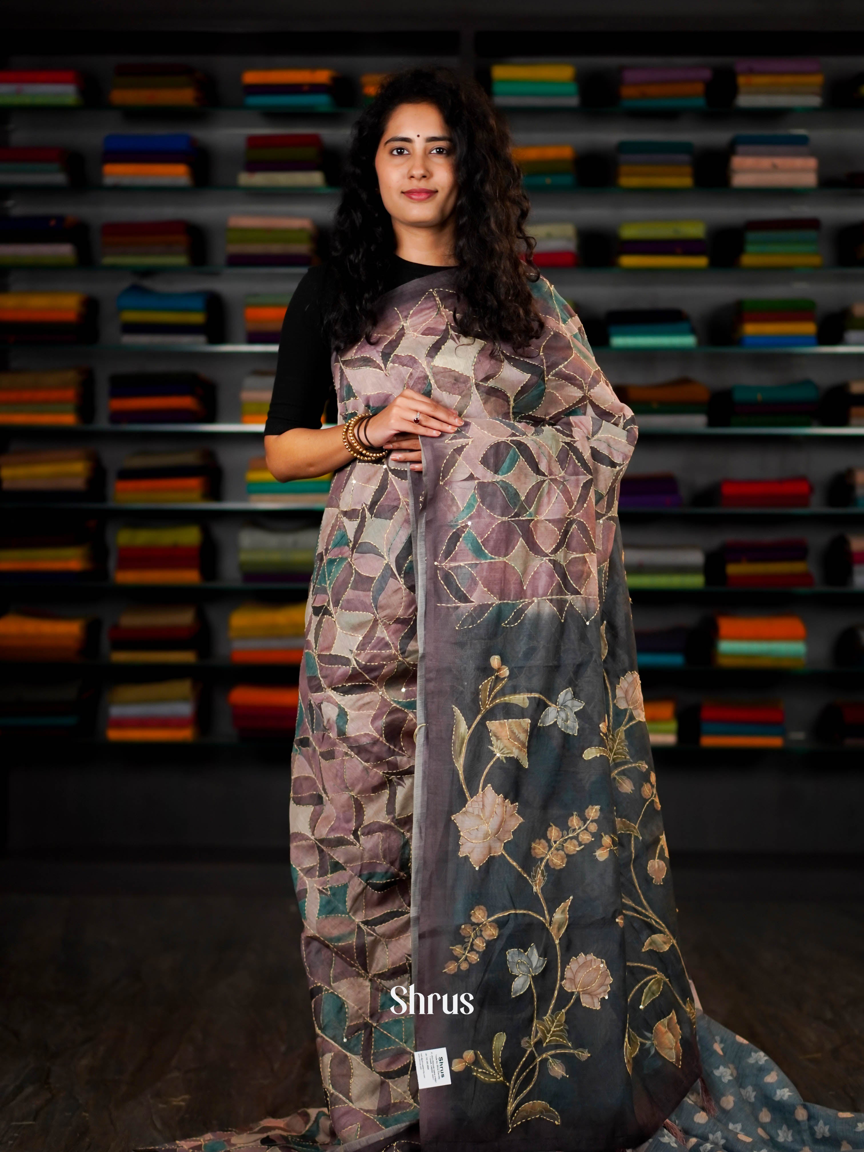 Grey - Semi Kantha Saree - Shop on ShrusEternity.com