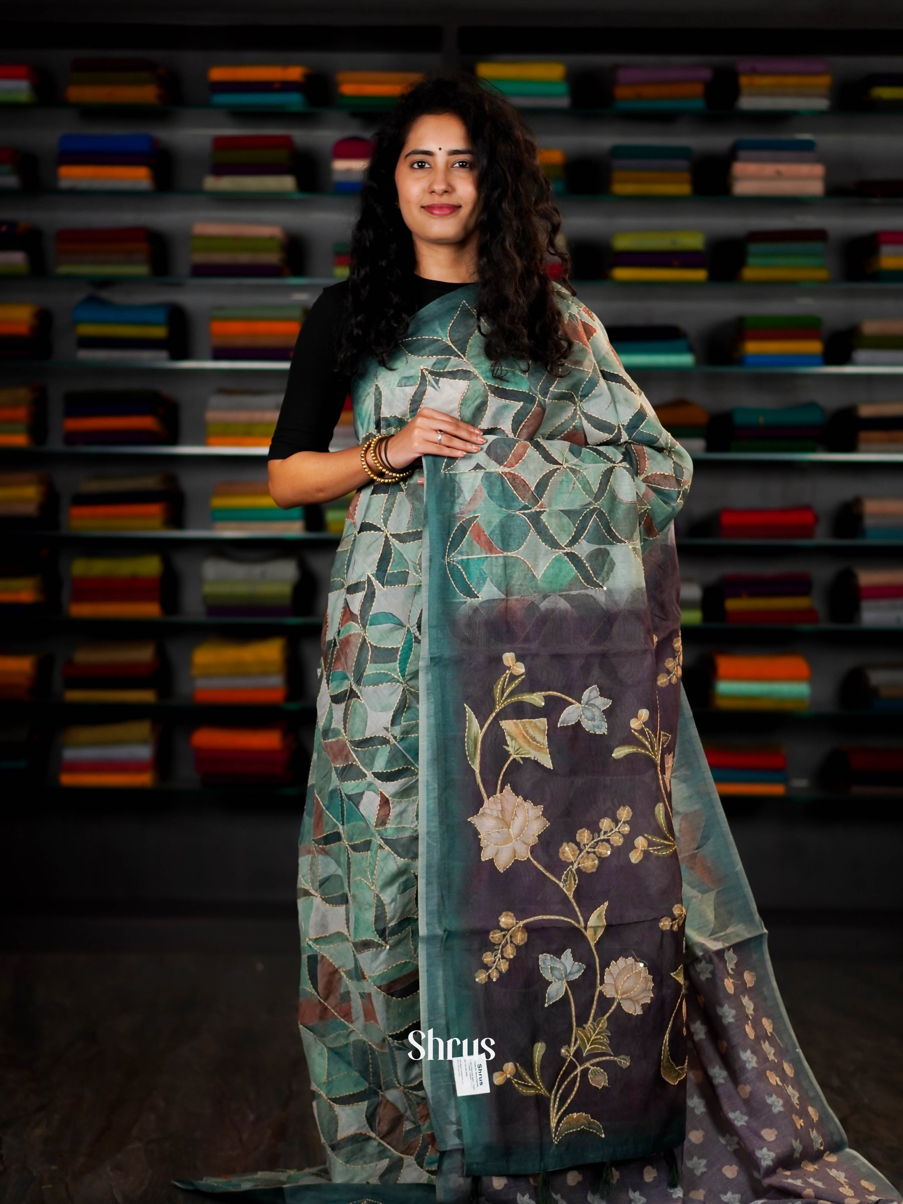 Teal & Purple - Semi Kantha Saree - Shop on ShrusEternity.com