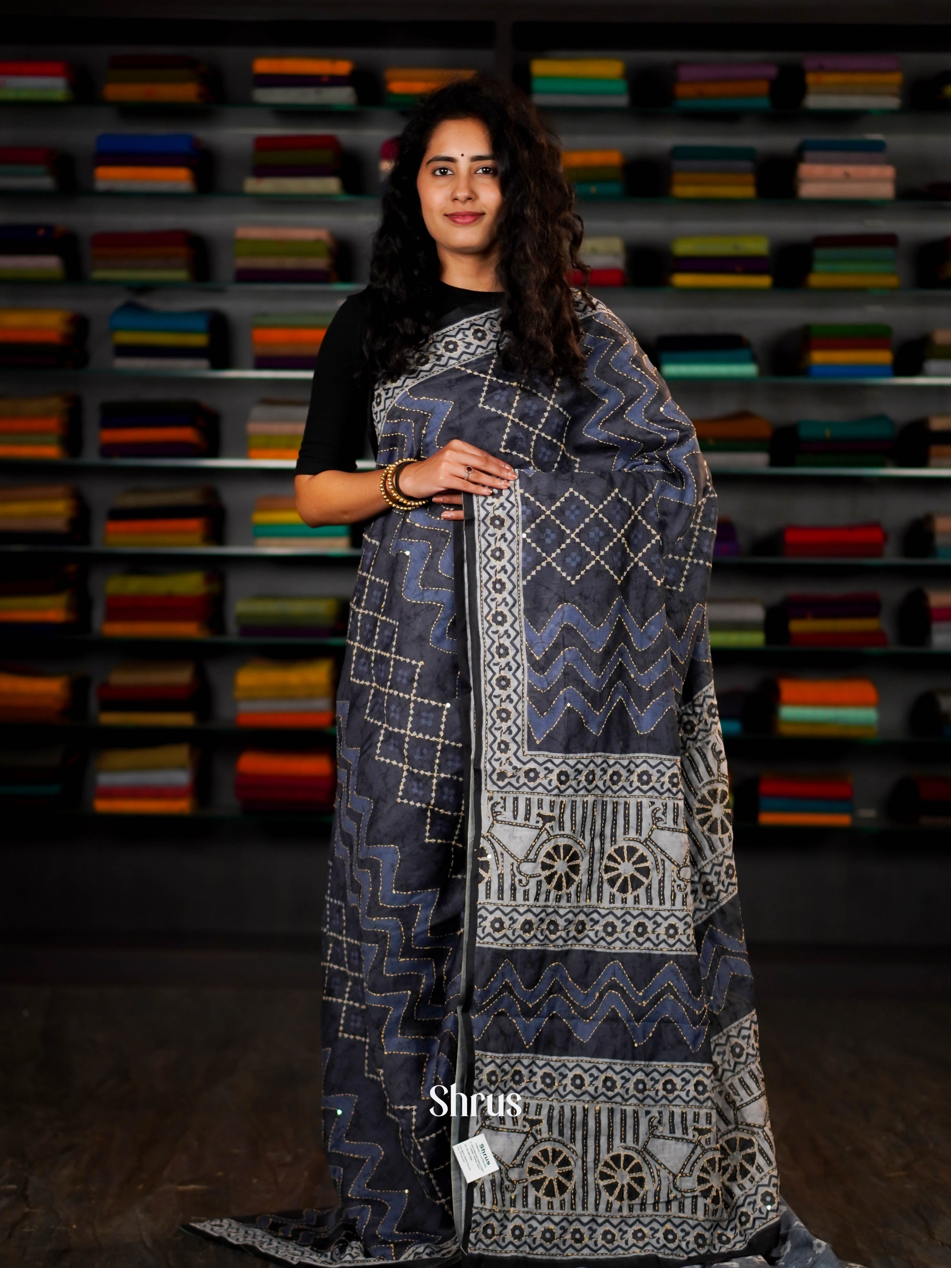 Blue & Grey - Semi Kantha Saree - Shop on ShrusEternity.com