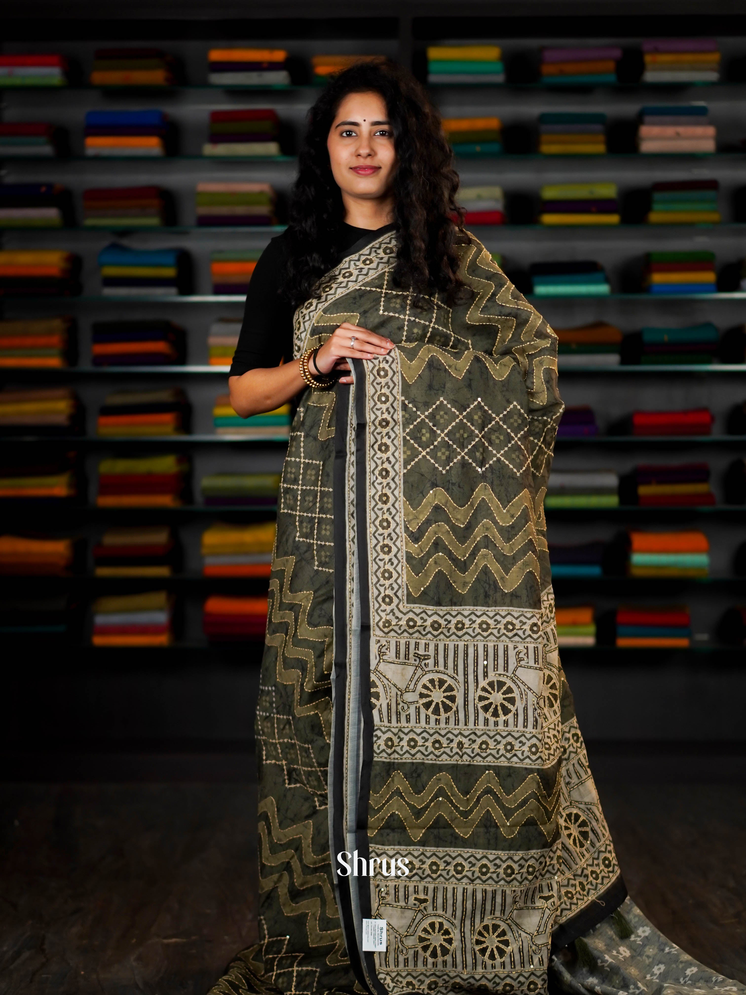 Green & Cream - Semi Kantha Saree - Shop on ShrusEternity.com