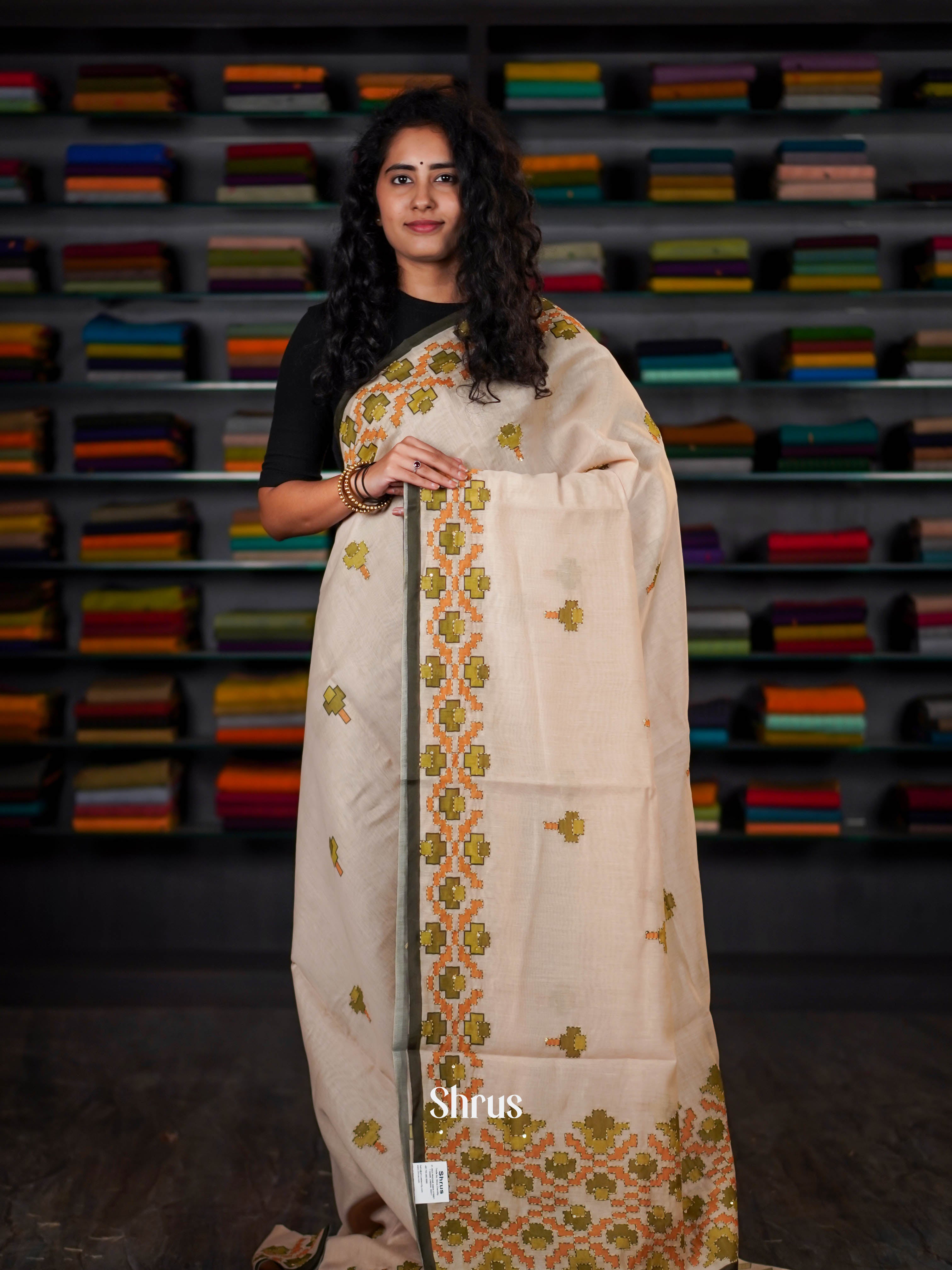 Cream - Semi Kantha Saree - Shop on ShrusEternity.com