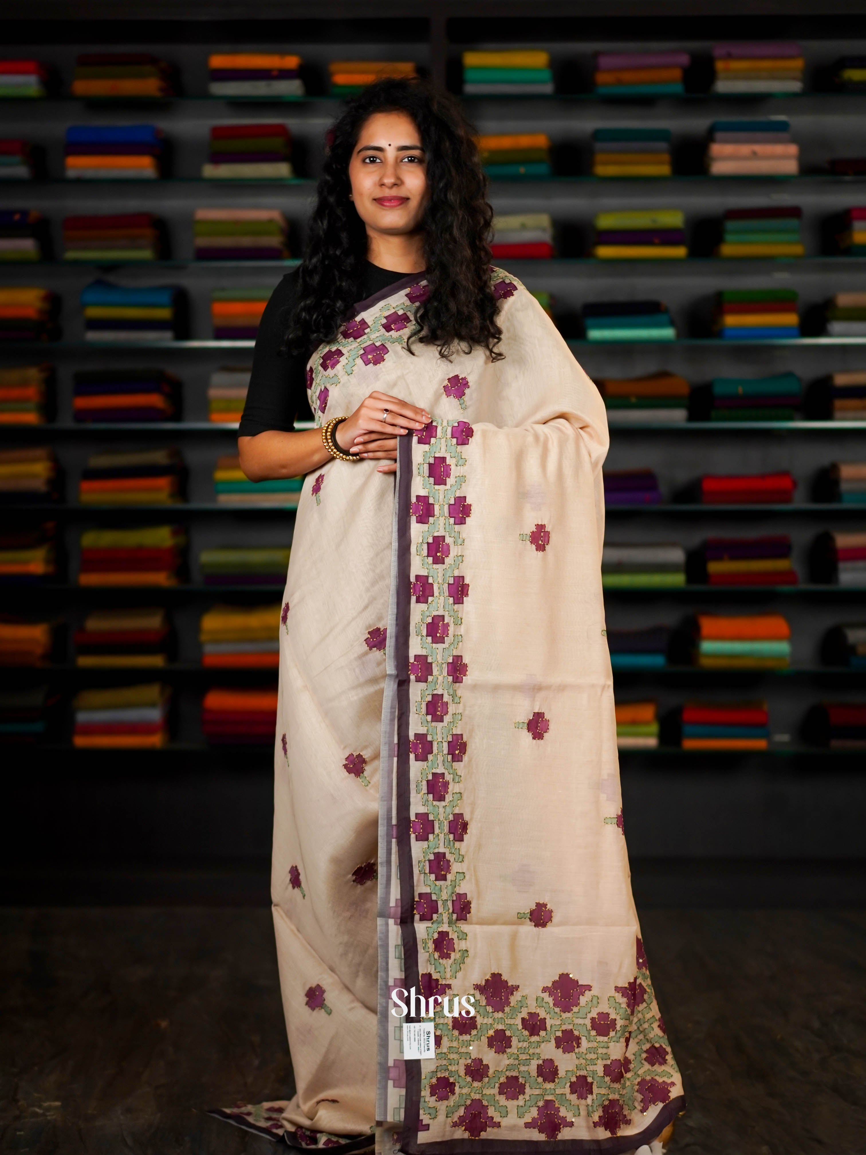 Cream - Semi Kantha Saree - Shop on ShrusEternity.com